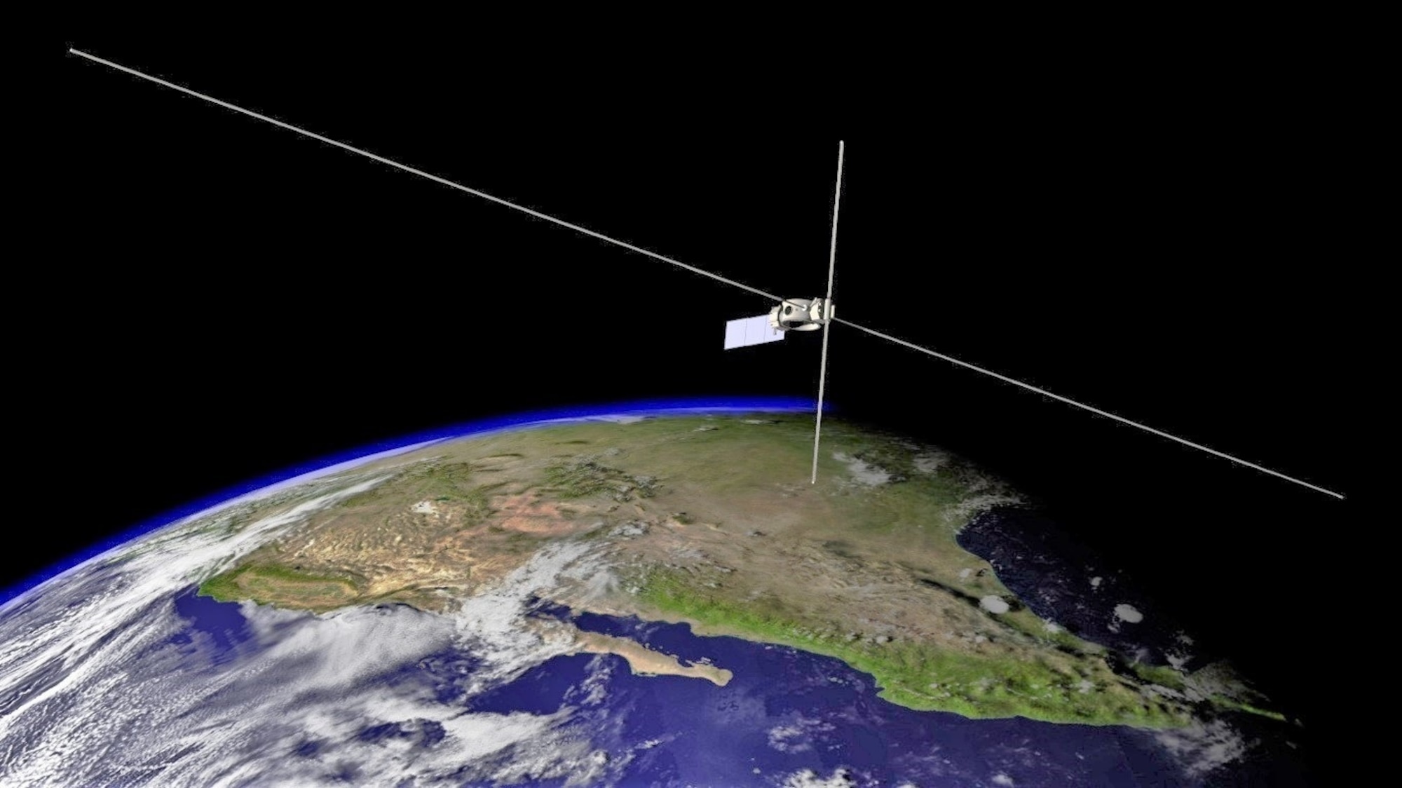 An artist’s rendering of the Air Force Research Laboratory Demonstration and Science Experiments spacecraft on-orbit with its 80-meter and 16-meter antenna booms extended. (U.S. Air Force Illustration//W. Robert Johnston)