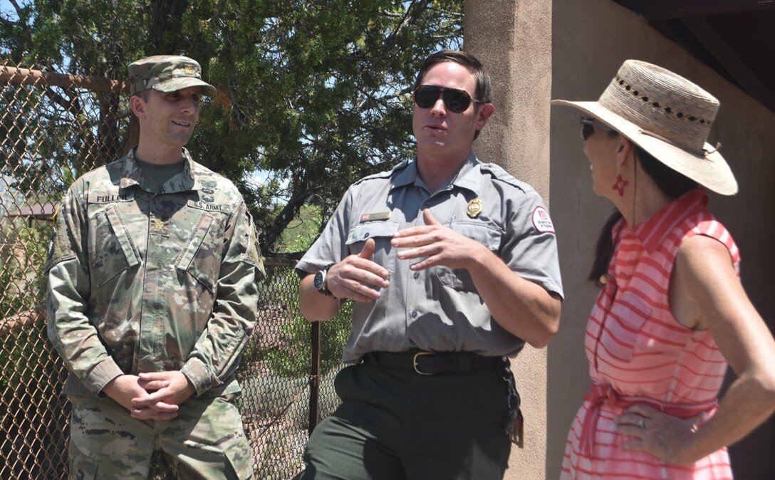 Congresswoman Teresa Leger Fernández discusses the drought conditions at Abiquiu Lake with Maj. Brett Fuller, deputy commander, Albuquerque District, and John Mueller, lake manager, Abiquiu Lake, during her visit to Abiquiu Lake and Dam, July 10, 2021.