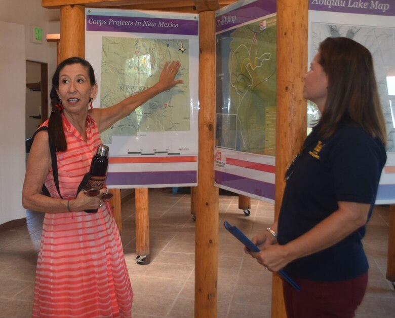 Congresswoman Teresa Leger Fernández (left) talks about her northern New Mexican roots during her visit to Abiquiu Lake and Dam, July 10, 2021. Also pictured is April Fitzner, acting deputy district engineer, Albuquerque District.