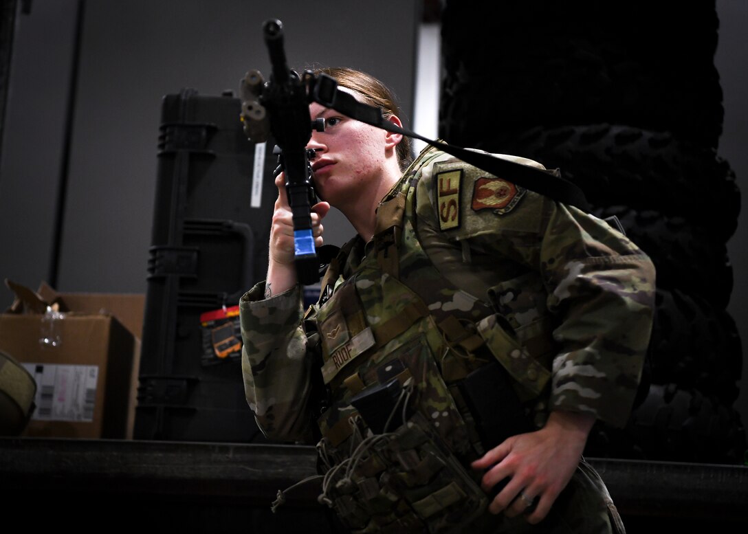 Airman Madalyn Duke, 66th Security Forces Squadron entry controller, wears the new female-specific body armor during a shoot, communicate, and move training at Hanscom Air Force Base, Mass., June 29. The newest development in Air Force body armor is designed to better protect female Airmen during combat and contingency operations. (U.S. Air Force photo by Lauren Russell)