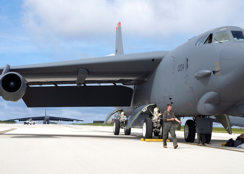 U.S. Air Force B-52H Stratofortress from the 5th Bomb Wing, Minot Air Force Base North Dakota, parks at Andersen Air Force Base, Guam, for a Bomber Task Force deployment, July 15, 2021. Bomber Task Force missions demonstrate the strategic credibility and tactical flexibility of U.S. forces in today’s security environment across the globe. (U.S. Air Force photo by Staff Sgt. Kevin Iinuma)