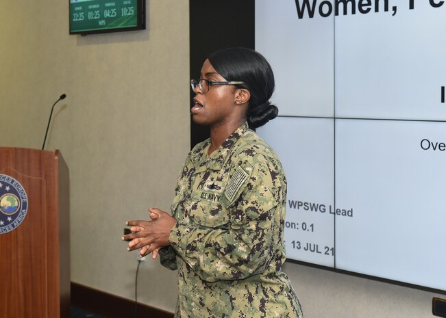 (July 13, 2021) U.S. Naval Forces Africa, Gender Focal Point, Lt. Cmdr. Shanece Kendall speaks to the working group during the Women, Peace and Security (WPS) training onboard Naval Support Activity Naples, Italy,  July 13, 2021. U.S. Naval Forces Europe-Africa/U.S. Sixth Fleet, headquartered in Naples, Italy, conducts the full spectrum of joint and naval operations, often in concert with allied and interagency partners in order to advance U.S. national interests and security and stability in Europe and Africa.