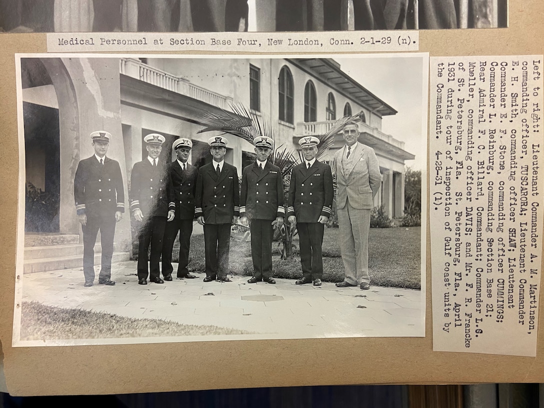 A photo of a Coast Guard inspection team including Rear Admiral Frederick Billard