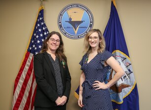 Carla McCarthy, left, deputy public affairs officer at Naval Education and Training Command's (NETC) Public Affairs Office in Pensacola, was selected as NETC’s second quarter of Fiscal Year 2021 Senior Civilian of the Quarter (COQ), and Brooke Passione, information system security officer (ISSM) and Navy qualified validator for NETC cyber security was selected as the Junior COQ.
