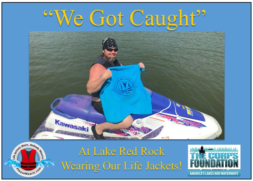 This jet skier received a free beach towel when he was "Caught" wearing his life jacket.  Towels were provided by The Corps Foundation.