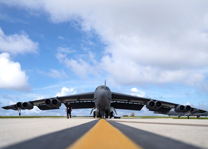 U.S. Air Force B-52H Stratofortress from the 5th Bomb Wing, Minot Air Force Base North Dakota, parks at Andersen Air Force Base, Guam, for a Bomber Task Force deployment, July 15, 2021. Bomber Task Force missions demonstrate the strategic credibility and tactical flexibility of U.S. forces in today’s security environment across the globe. (U.S. Air Force photo by Staff Sgt. Kevin Iinuma)