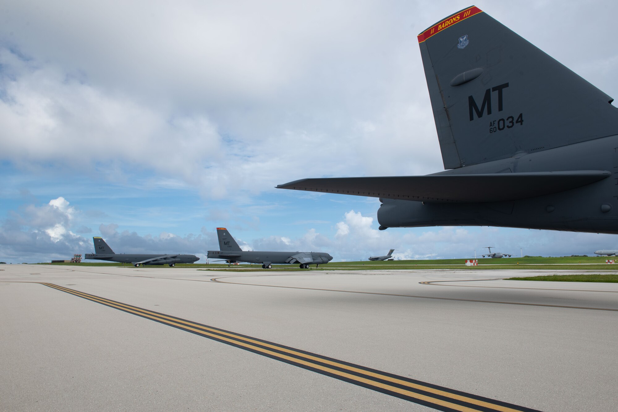 U.S. Air Force B-52H Stratofortress from the 5th Bomb Wing, Minot Air Force Base North Dakota, arrives at Andersen Air Force Base, Guam, for a Bomber Task Force deployment, July 15, 2021. Bomber Task Force missions demonstrate the strategic credibility and tactical flexibility of U.S. forces in today's security environment across the globe. (U.S. Air Force photo by SSgt Nicholas Crisp)