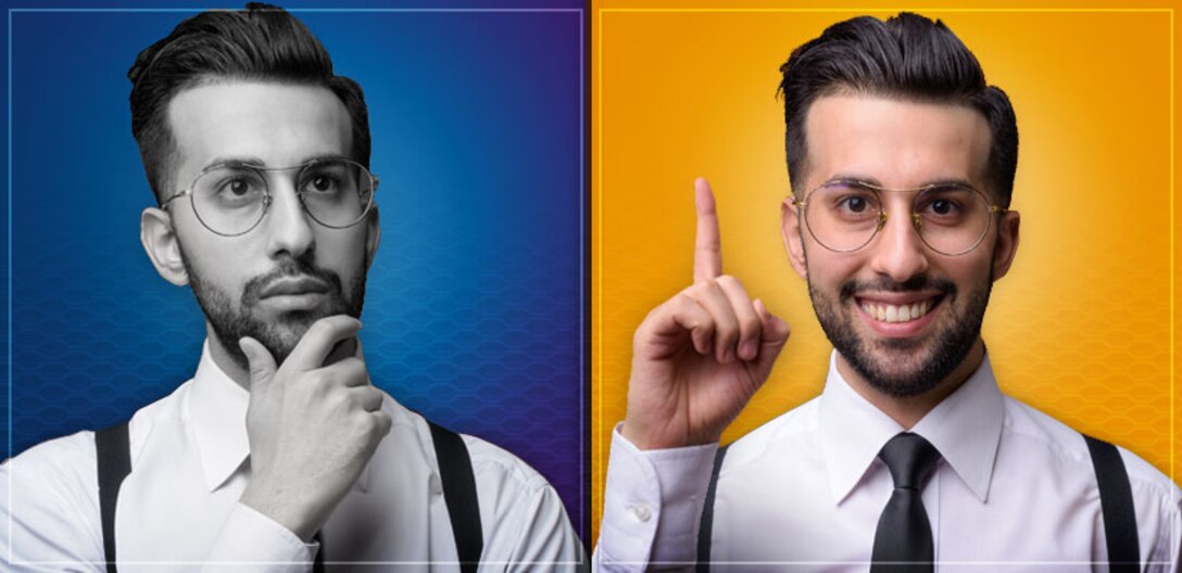 Two photos of the same man. On the left he is thinking. On the right he is happy.