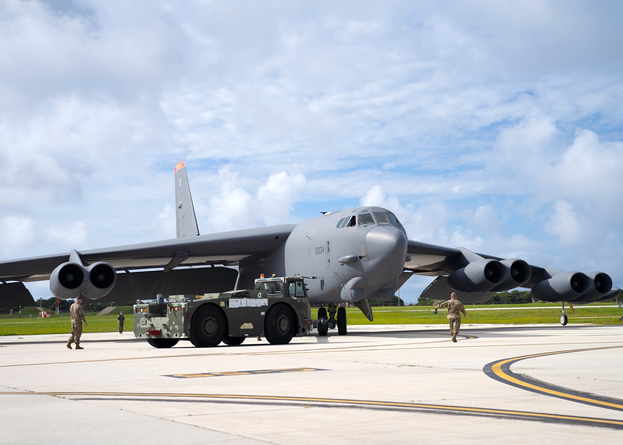 U.S. Air Force B-52H Stratofortress from the 5th Bomb Wing, Minot Air Force Base North Dakota, parks at Andersen Air Force Base, Guam, for a Bomber Task Force deployment, July 15, 2021. Bomber Task Force missions demonstrate the strategic credibility and tactical flexibility of U.S. forces in today’s security environment across the globe. (U.S. Air Force photo by Staff Sgt. Kevin Iinuma)