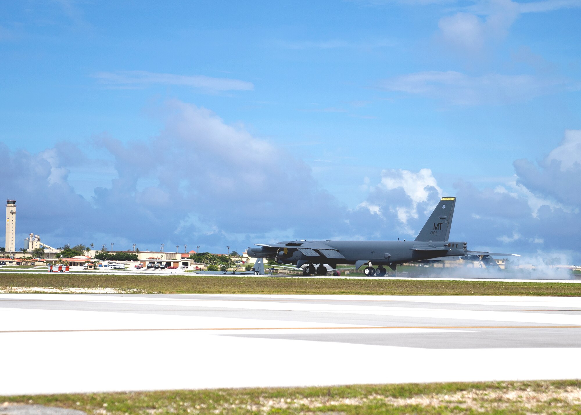 U.S. Air Force B-52H Stratofortress from the 5th Bomb Wing, Minot Air Force Base North Dakota, lands at Andersen Air Force Base, Guam, for a Bomber Task Force deployment, July 15, 2021. Bomber Task Force missions demonstrate the strategic credibility and tactical flexibility of U.S. forces in today’s security environment across the globe. (U.S. Air Force photo by Staff Sgt. Kevin Iinuma)