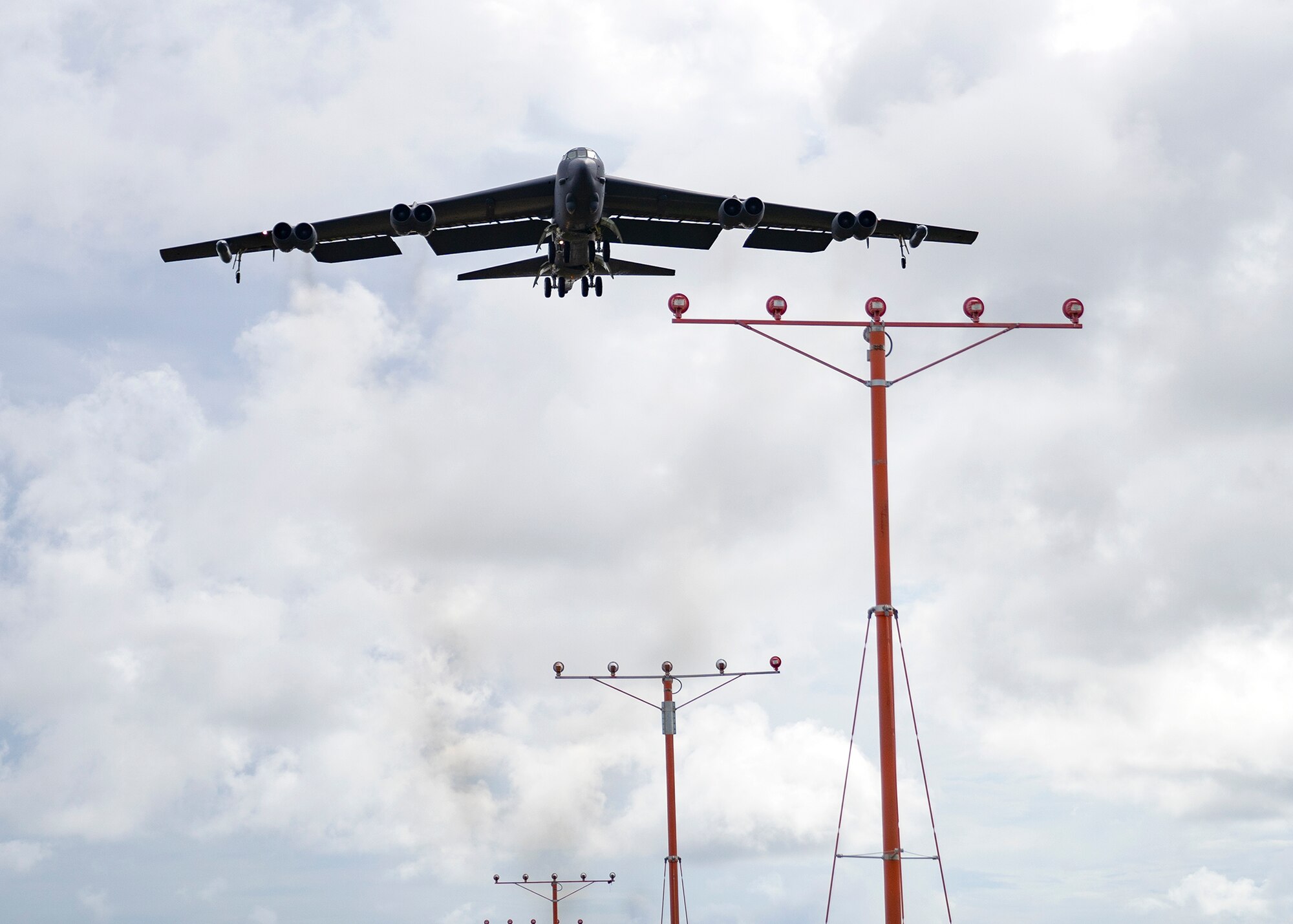 U.S. Air Force B-52H Stratofortress from the 5th Bomb Wing, Minot Air Force Base North Dakota, prepares to land at Andersen Air Force Base, Guam, for a Bomber Task Force deployment, July 15, 2021. Bomber Task Force missions demonstrate the strategic credibility and tactical flexibility of U.S. forces in today’s security environment across the globe. (U.S. Air Force photo by Staff Sgt. Kevin Iinuma)