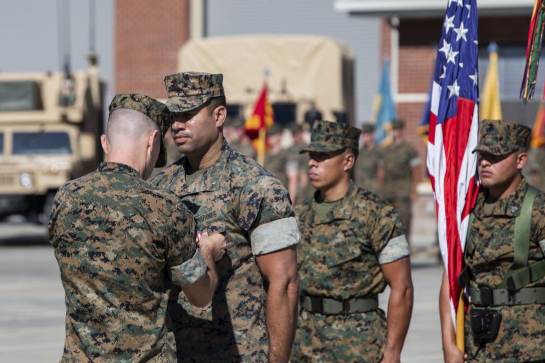 Maj Richard A. Majette, MASS-1 XO, prepares to march on the staff.