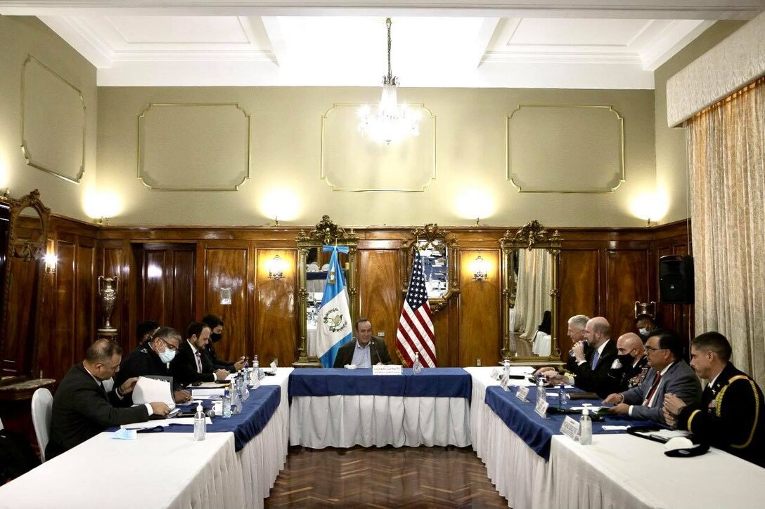 Guatemalan President Alejandro Giammattei meets with U.S. Navy Adm. Craig S. Faller.
