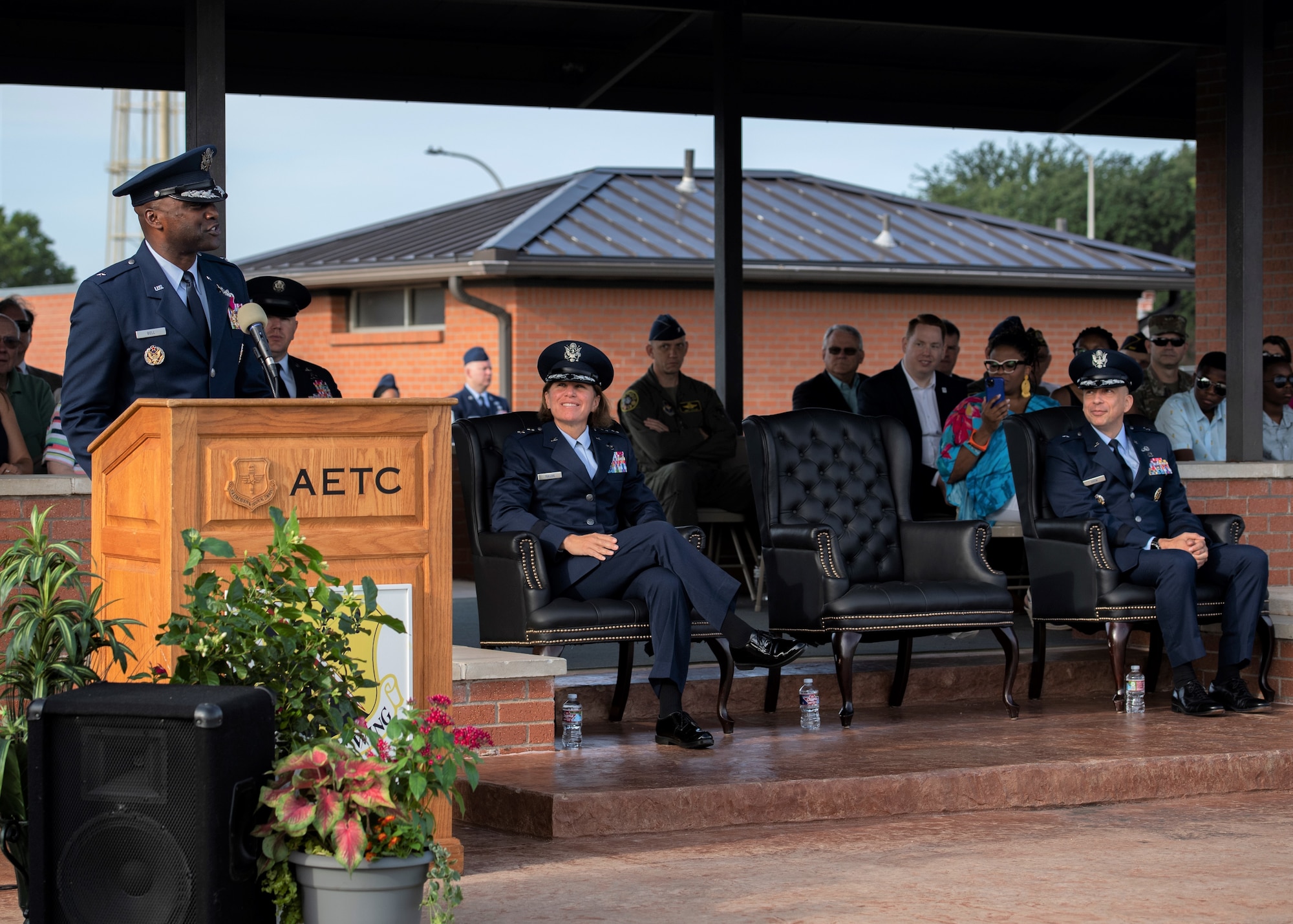 Brig. Gen. Lyle Drew, 82nd Training Wing incoming commander, gives a speech at the 82nd TRW Change of Command Ceremony at Sheppard Air Force Base, Texas, July 15, 2021. Drew's most recent accomplishments were, Maintenance Group Commander at Holloman AFB, New Mexico, 78th Air Wing Commander at Robins AFB, Georgia and Air Force Materiel Command Director of Staff at Wright-Patterson AFB, Ohio. Drew has many more accomplishments on his resume and he said that adding commander of the Air Force's largest training base is another great honor in his career. (U.S. Air Force photo by Staff Sgt. Pedro Tenorio)