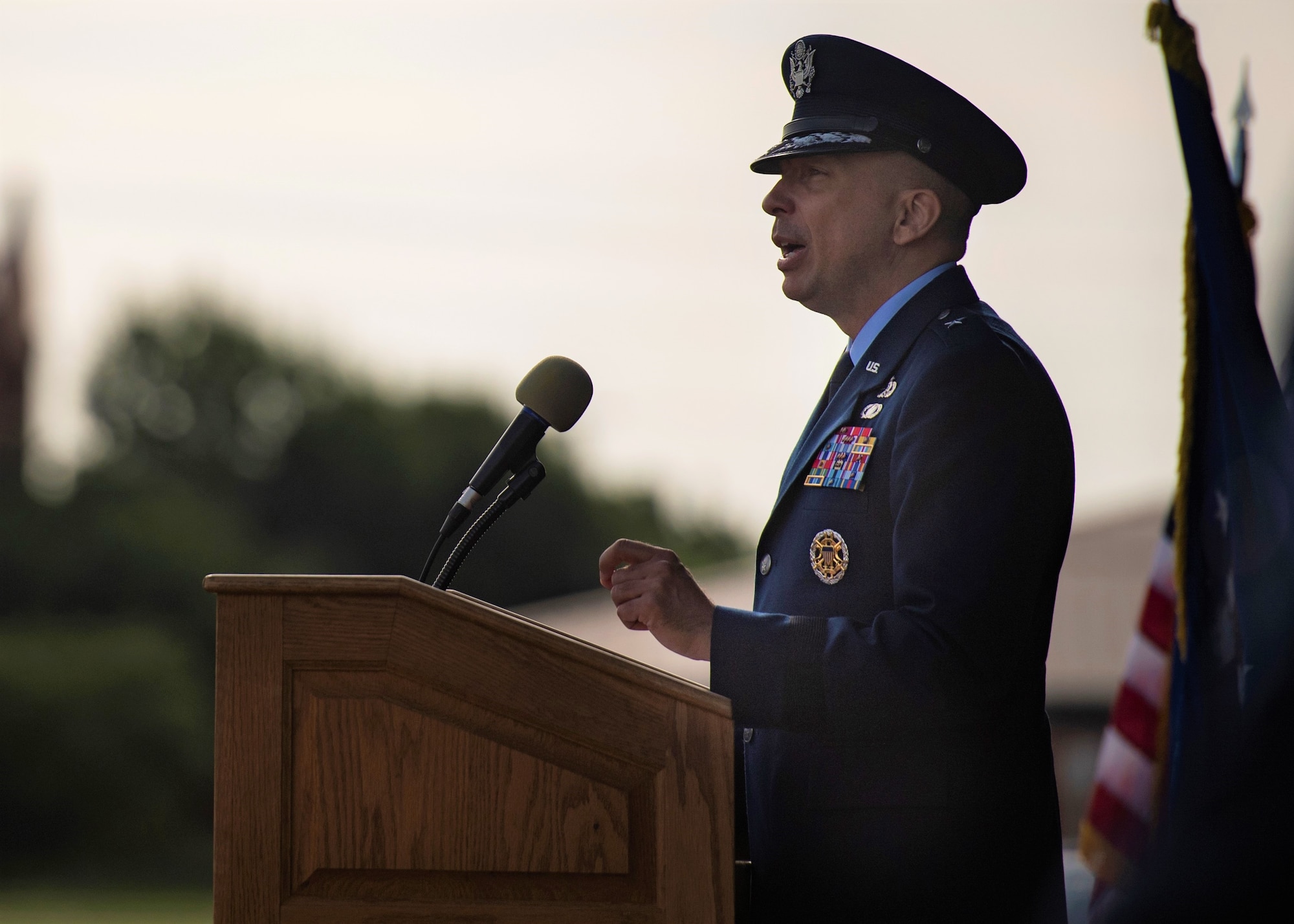 Brig. Gen. Lyle Drew, 82nd Training Wing incoming commander, gives a speech at the 82nd TRW Change of Command Ceremony at Sheppard Air Force Base, Texas, July 15, 2021. Drew's most recent accomplishments were, Maintenance Group Commander at Holloman AFB, New Mexico, 78th Air Wing Commander at Robins AFB, Georgia and Air Force Materiel Command Director of Staff at Wright-Patterson AFB, Ohio. Drew has many more accomplishments on his resume and he said that adding commander of the Air Force's largest training base is another great honor in his career. (U.S. Air Force photo by Staff Sgt. Pedro Tenorio)