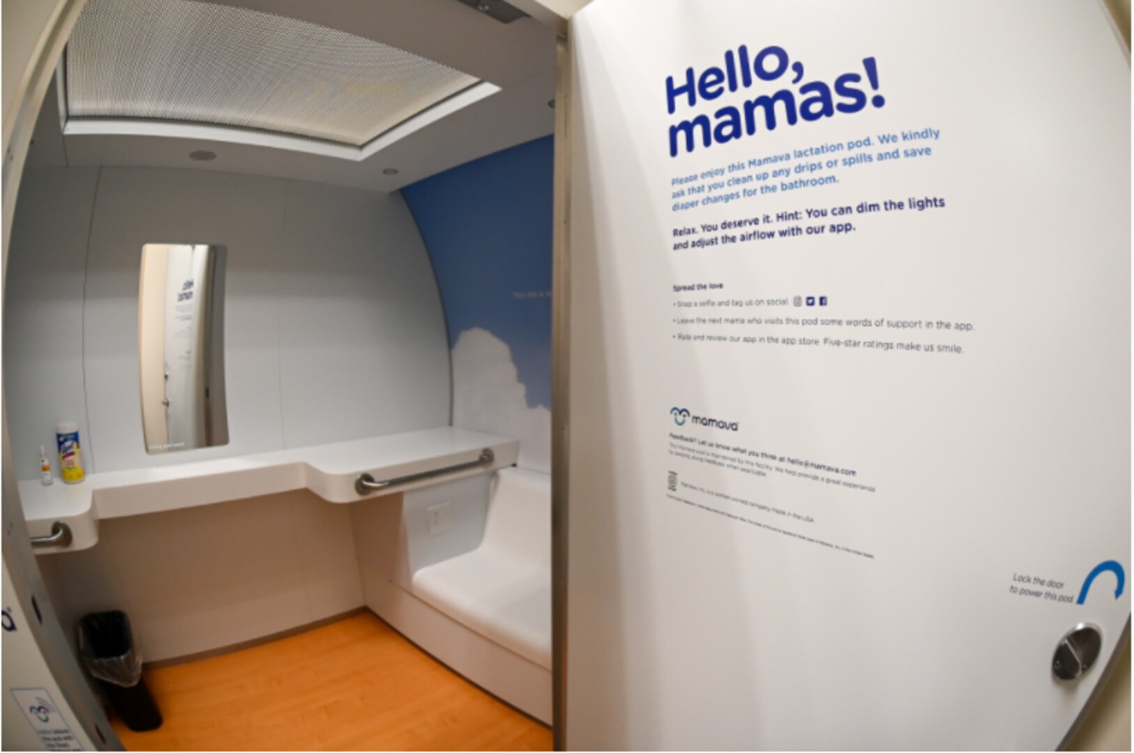 Photo By Cynthia Griggs | A new lactation pod, pictured here June 28, 2021, for nursing mothers is now located at building 430 at Hill Air Force Base, Utah. The pod features two comfortable benches, wall outlets and a locked door to ensure privacy and will be open during building 430 working hours. (U.S. Air Force photo by Cynthia Griggs)