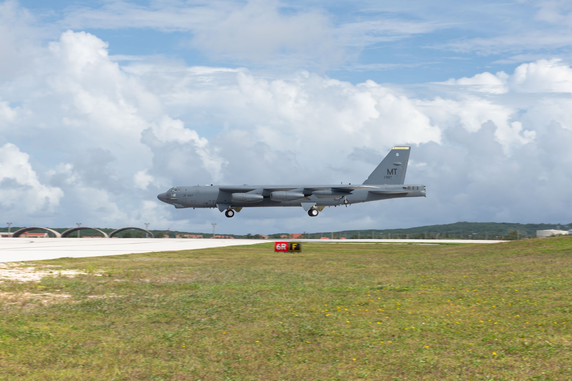 U.S. Air Force B-52H Stratofortress from the 5th Bomb Wing, Minot Air Force Base North Dakota, prepares to land at Andersen Air Force Base, Guam, for a Bomber Task Force deployment, July 15, 2021. Bomber Task Force missions demonstrate the strategic credibility and tactical flexibility of U.S. forces in today's security environment across the globe. (U.S. Air Force photo by SSgt Nicholas Crisp)