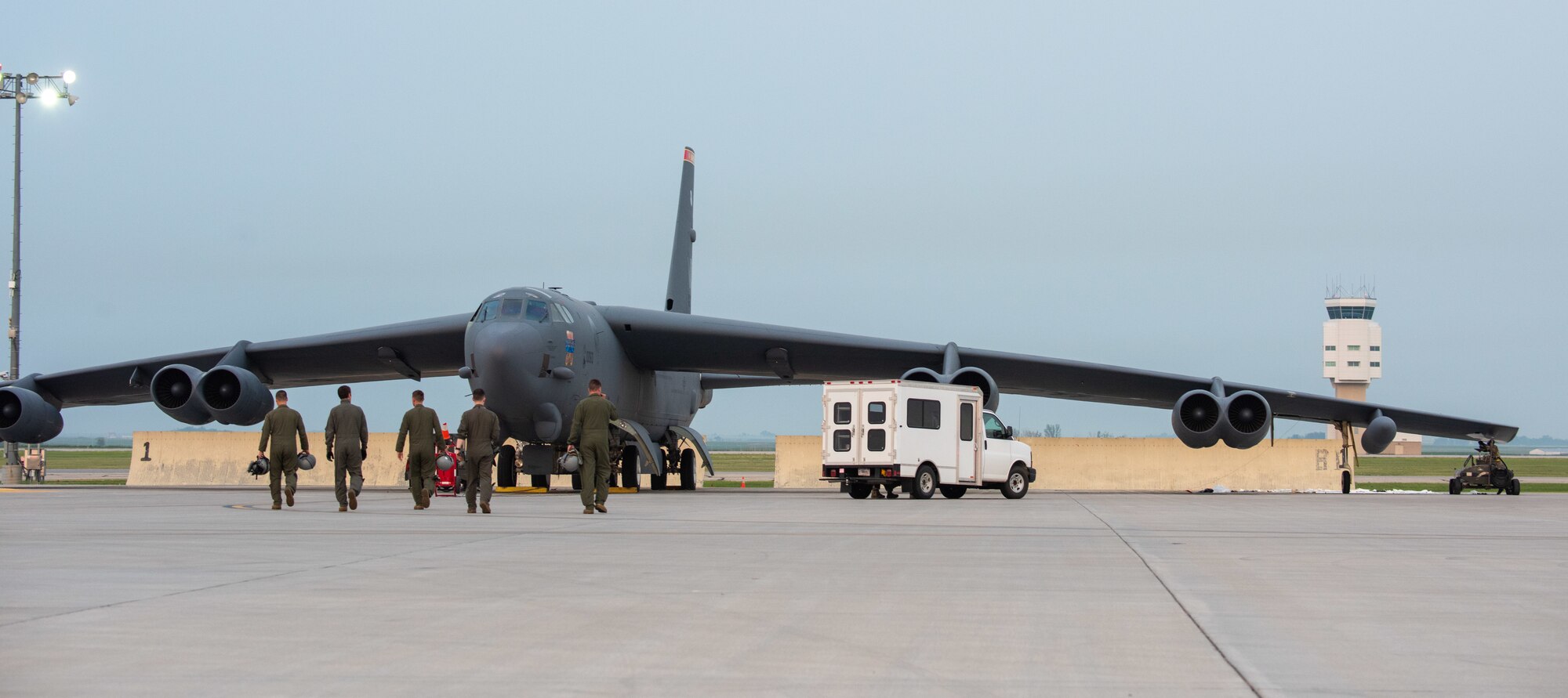 A B-52H Stratofortress assigned to the 5th Bomb Wing, prepares to take-off at Minot Air Force Base, North Dakota, July 14, 2021. Strategic bomber missions enhance the readiness and training necessary to respond to any potential crisis or challenge across the globe. (U.S. Air Force photo by Senior Airman Jesse Jenny)