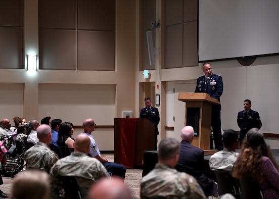 Col. Miguel Cruz, Space Delta 4 commander, addresses the audience at the DEL 4 change of command ceremony on Buckley Space Force Base, Colo., July 15, 2021. Cruz expressed his gratitude and excitement for the opportunity to lead DEL 4. (U.S. Space Force photo by Airman 1st Class Haley N. Blevins)
