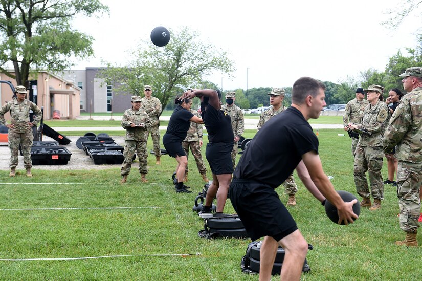 Army Reserve Soldiers assigned to the 85th U.S. Army Reserve Support Command, headquartered in Arlington Heights, Illinois, participate in the Standing Power Throw event of the Army Combat Fitness Test.