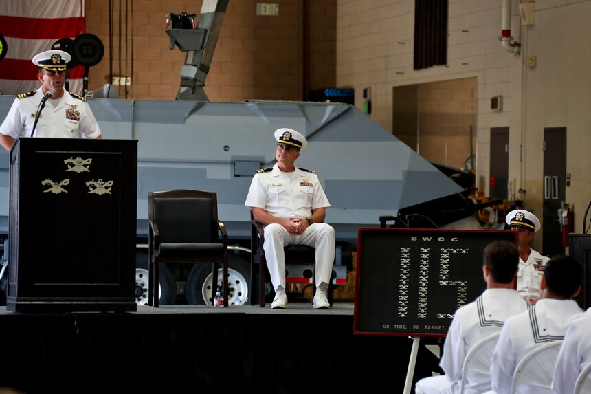 <em>Cmdr. Brad Geary, NSW Basic Training Command commanding officer, addresses CQT Class 115 during their graduation ceremony (U.S. Navy)</em>