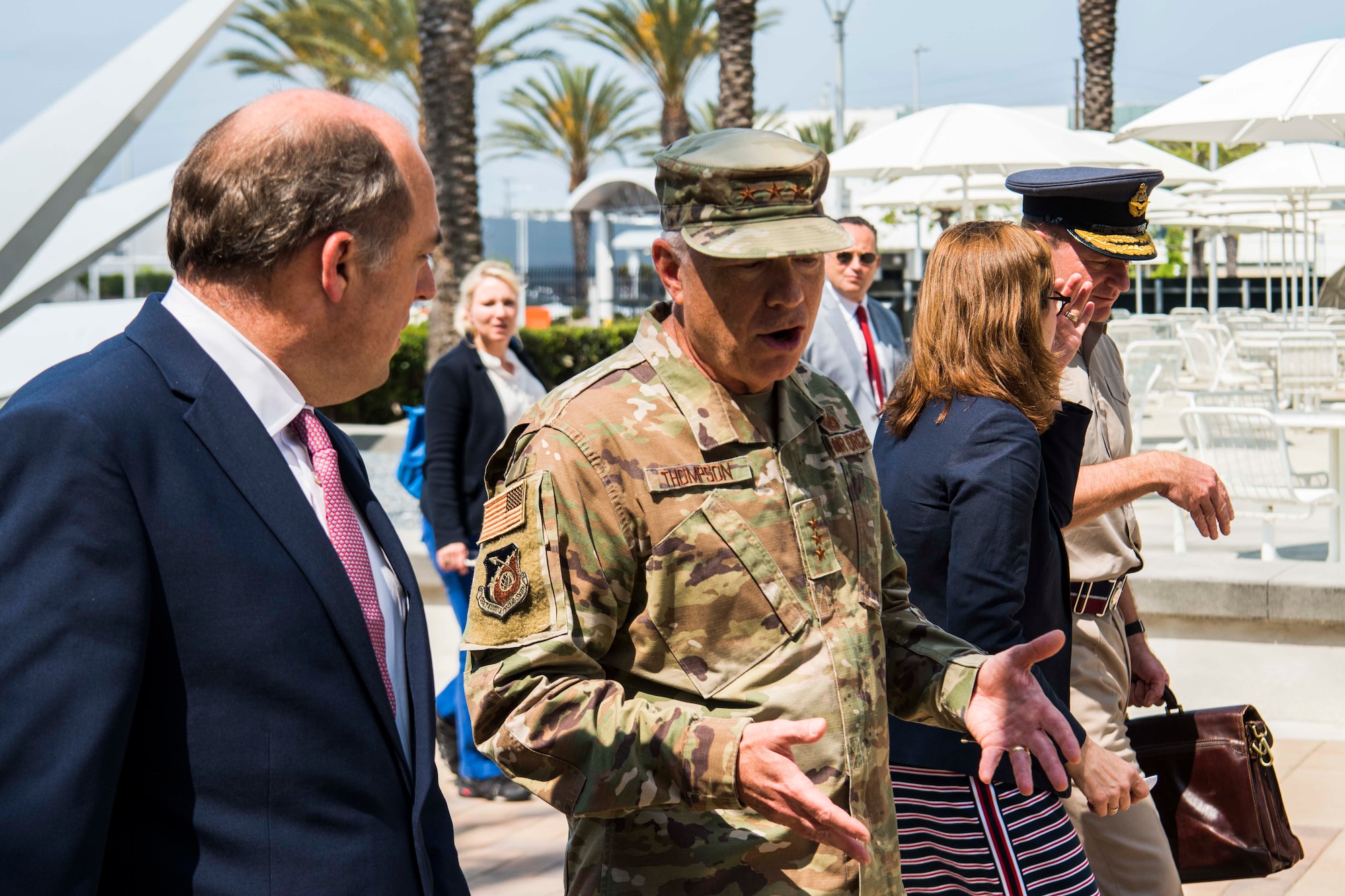 Lt. Gen. John F. Thompson, Space and Missile Systems Center commander and program executive officer for Space, right, speaks with United Kingdom’s Secretary of State for Defence, the Right Honourable Ben Wallace MP, during a U.K. delegation visit focusing on future collaborative efforts in the space domain at Los Angeles Air Force Base, California, July 15, 2021. Earlier this month, U.S. Secretary of Defense Lloyd J. Austin also met with Wallace where the two signed a one-year extension of the U.S.-U.K. Statement of Intent Regarding Enhanced Cooperation on Carrier Operations and Maritime Power Projection, reaffirming the strong relationship between the two nations. (U.S. Space Force photo by Staff Sgt. Luke Kitterman)