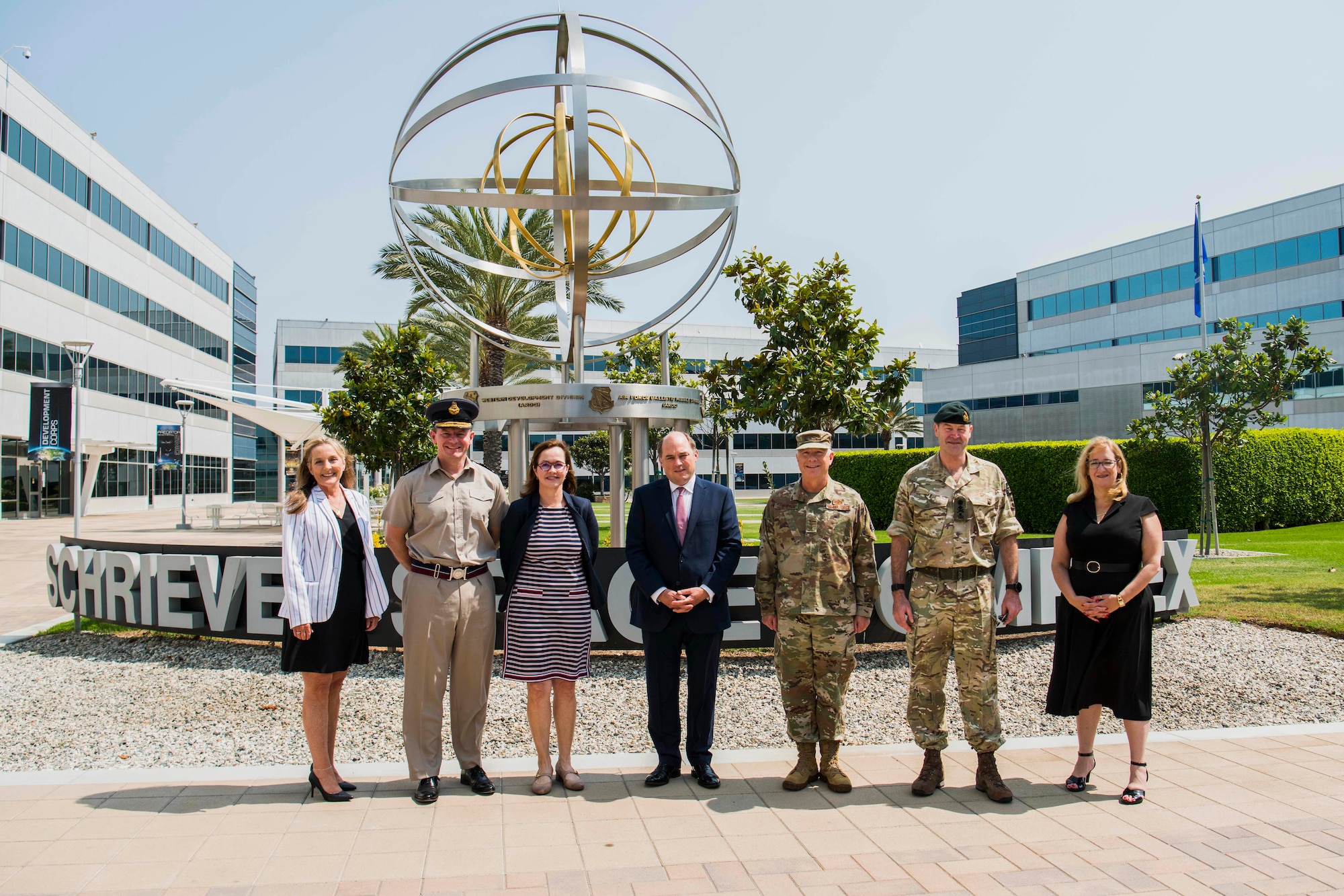 Leadership from the Space and Missile Systems Center gather for a photo with United Kingdom’s Secretary of State for Defence, the Right Honourable Ben Wallace MP, and other members of the U.K. delegation before discussing international partnerships across the space domain at Los Angeles Air Force Base, California, July 15, 2021. The visit from the U.K. delegation aimed to gain a detailed understanding of the USSF’s approach to space acquisitions while continuing its desire for ongoing bilateral engagement in support of shared military requirements through space. (U.S. Space Force photo by Staff Sgt. Luke Kitterman)