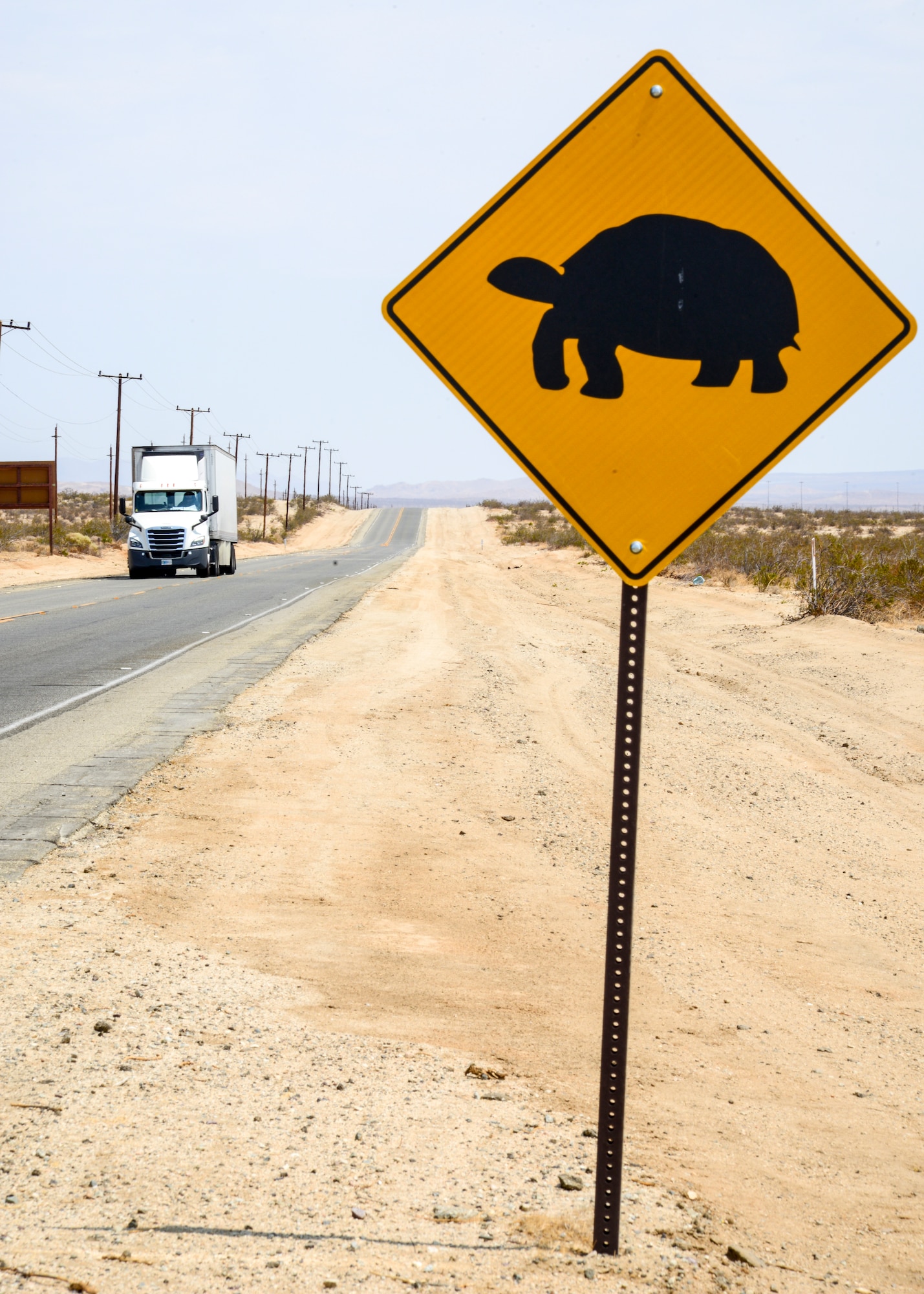 Desert Tortoise crossing signs like this one have been posted at locations on base reminding motorists to be on the lookout for these animals, which are so vulnerable once they venture onto a roadway. (Air Force photo by Gary Hatch)