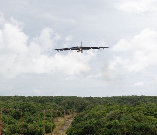 U.S. Air Force B-52H Stratofortress from the 5th Bomb Wing, Minot Air Force Base North Dakota, prepares to land at Andersen Air Force Base, Guam, for a Bomber Task Force deployment, July 15, 2021. Bomber Task Force missions demonstrate the strategic credibility and tactical flexibility of U.S. forces in today's security environment across the globe.