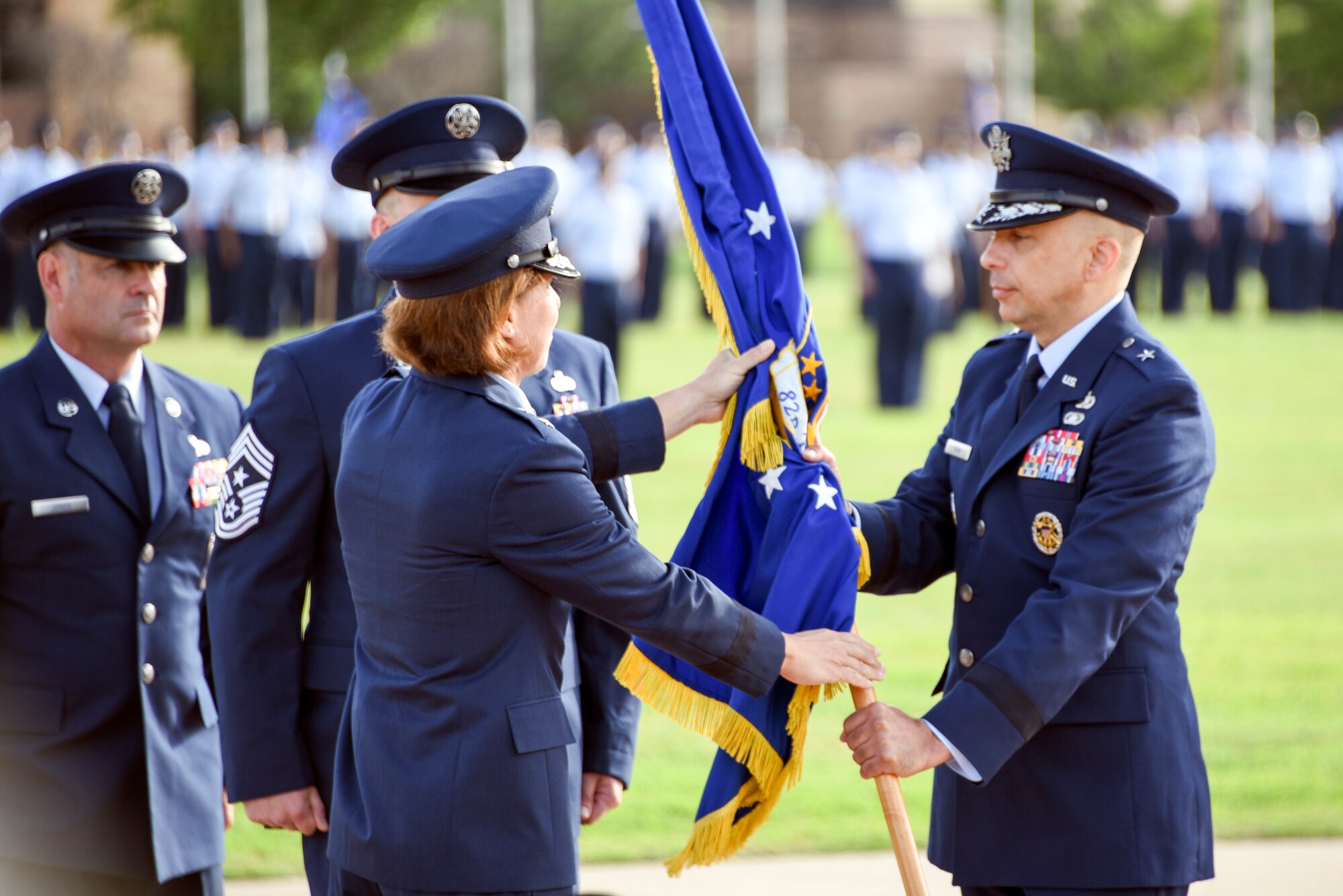Maj. Gen. Andrea Tullos, 2nd Air Force commander, transfers command of the 82nd Training Wing to Brig. Gen. Lyle K. Drew at Sheppard Air Force Base, Texas, July 15, 2021. The 82nd TRW is the largest technical training installation in the Air Force.