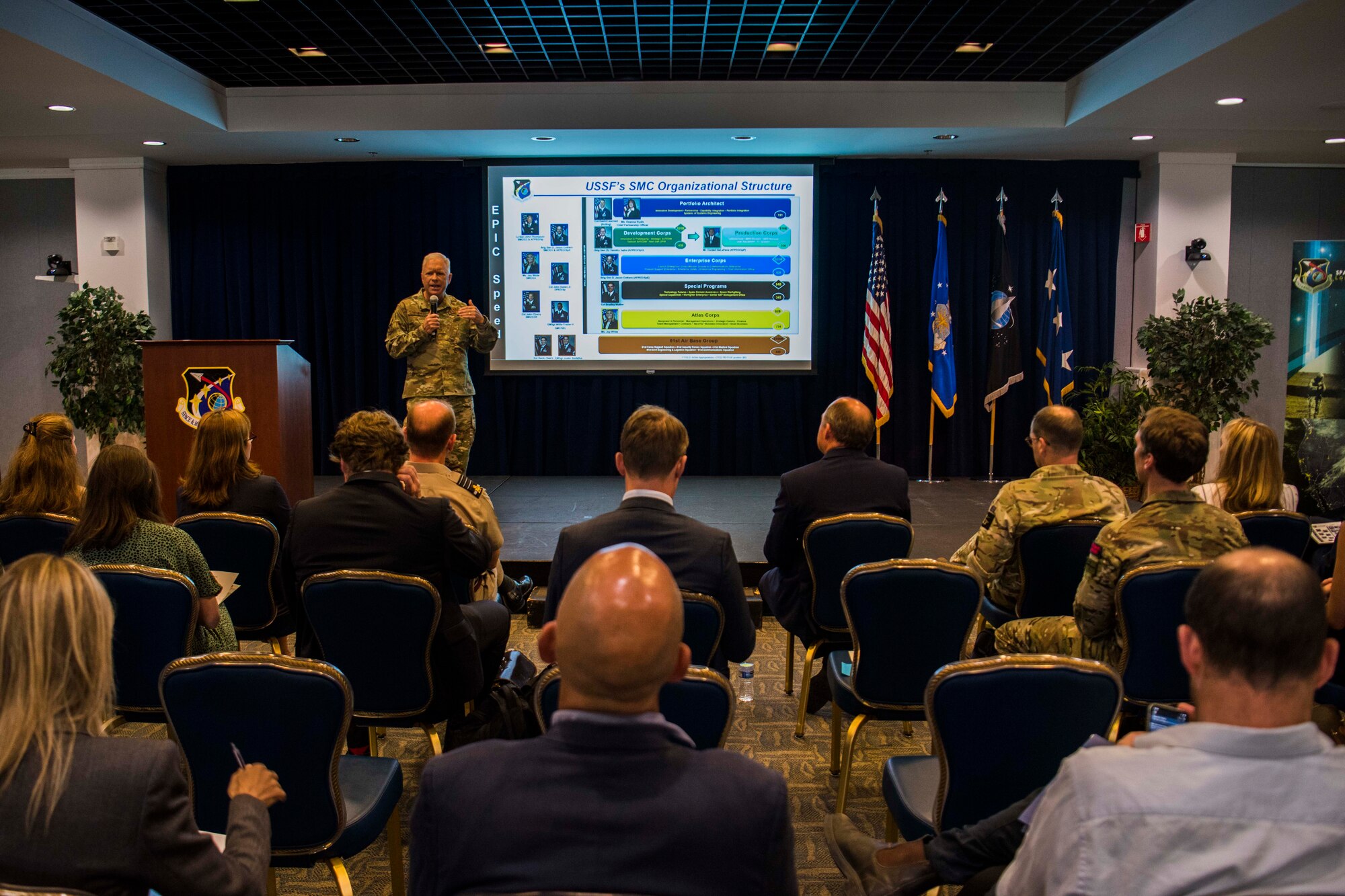 Lt. Gen. John F. Thompson, Space and Missile Systems Center commander and program executive officer for Space, speaks to the visiting U.K. delegation and other attendees of a Space and Missile Systems Center overview presentation focusing on future collaborative efforts in the space domain at Los Angeles Air Force Base, California, July 15, 2021. Earlier this month, U.S. Secretary of Defense Lloyd J. Austin also met with Wallace where the two signed a one-year extension of the U.S.-U.K. Statement of Intent Regarding Enhanced Cooperation on Carrier Operations and Maritime Power Projection, reaffirming the strong relationship between the two nations. (U.S. Space Force photo by Staff Sgt. Luke Kitterman)