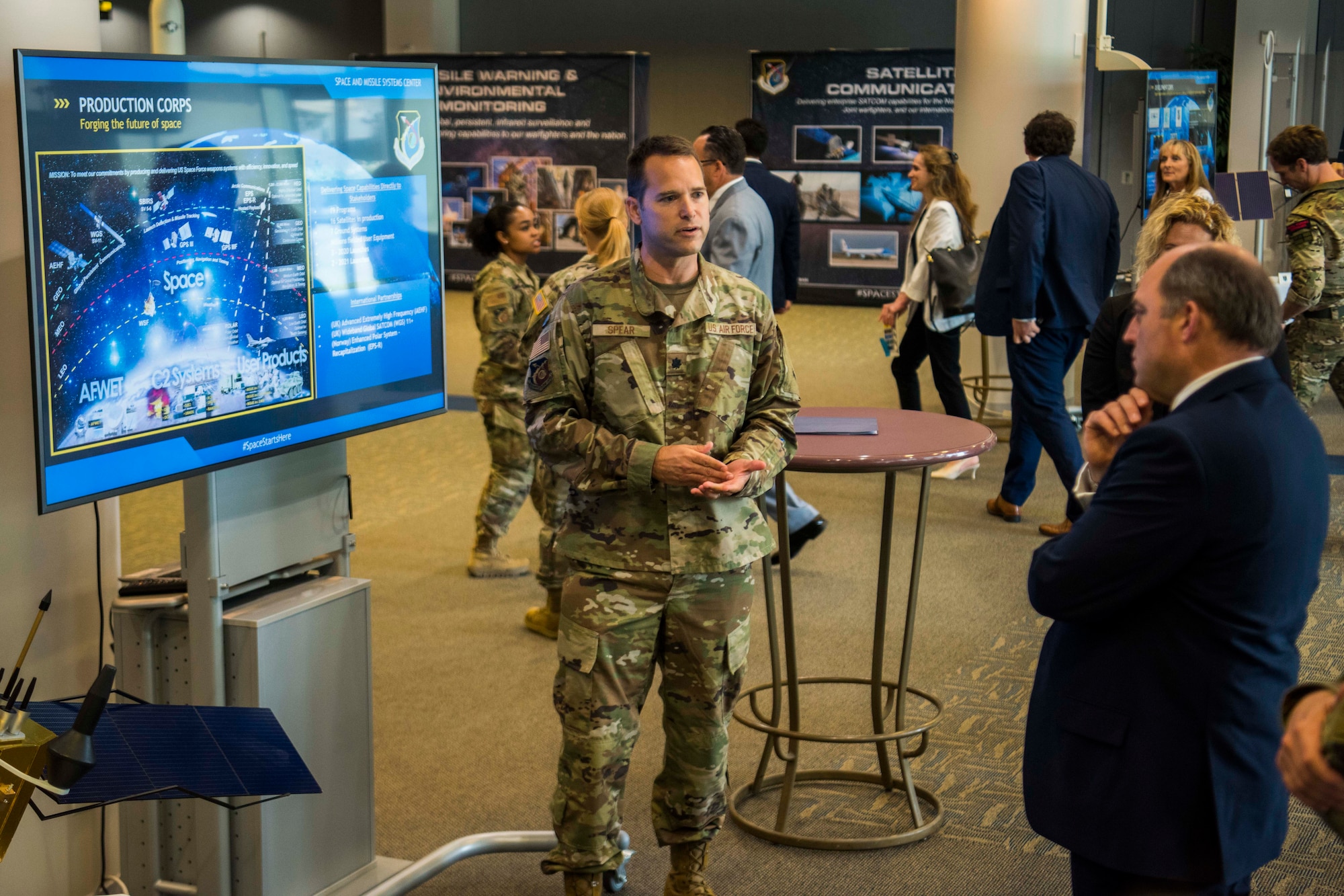 Lt. Col. Grant Spear, Production Corps Materiel Leader, briefs United Kingdom’s Secretary of State for Defence, the Right Honourable Ben Wallace MP, during a Space and Missile Systems Center overview presentation at the Gordon Conference Center on Los Angeles Air Force Base, California, July 15, 2021. Experts from each of SMC’s Corps briefed the U.K. delegation on topics such as SpaceWERX, International Space Pitch Day and Small Satellite Launch capabilities. (U.S. Space Force photo by Staff Sgt. Luke Kitterman)