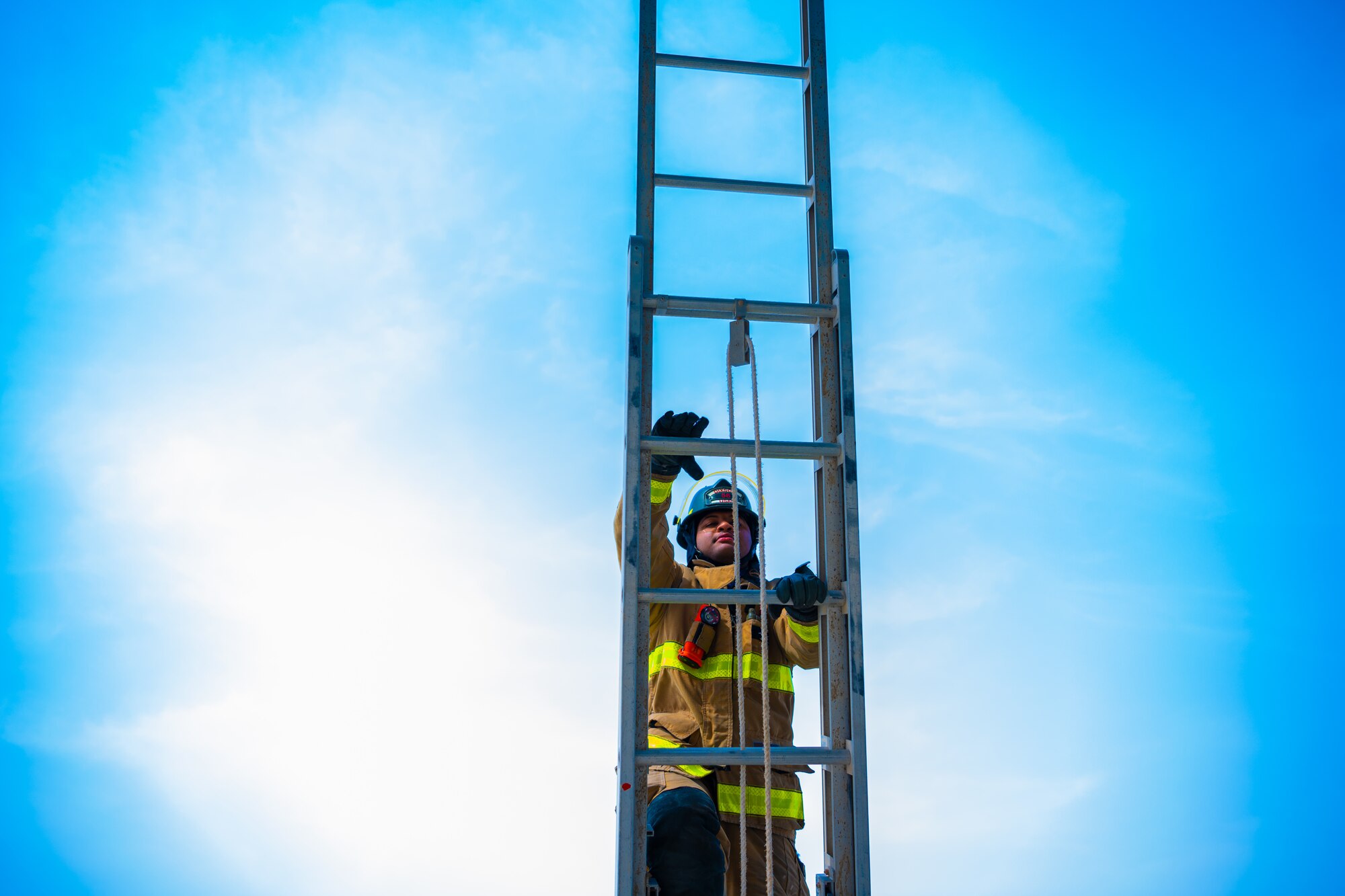 U.S. Air Force Airmen of the 380th Expeditionary Fire Department perform an exercise involving a KC-10 Extender aircraft at Al Dhafra Air Base, United Arab Emirates.
