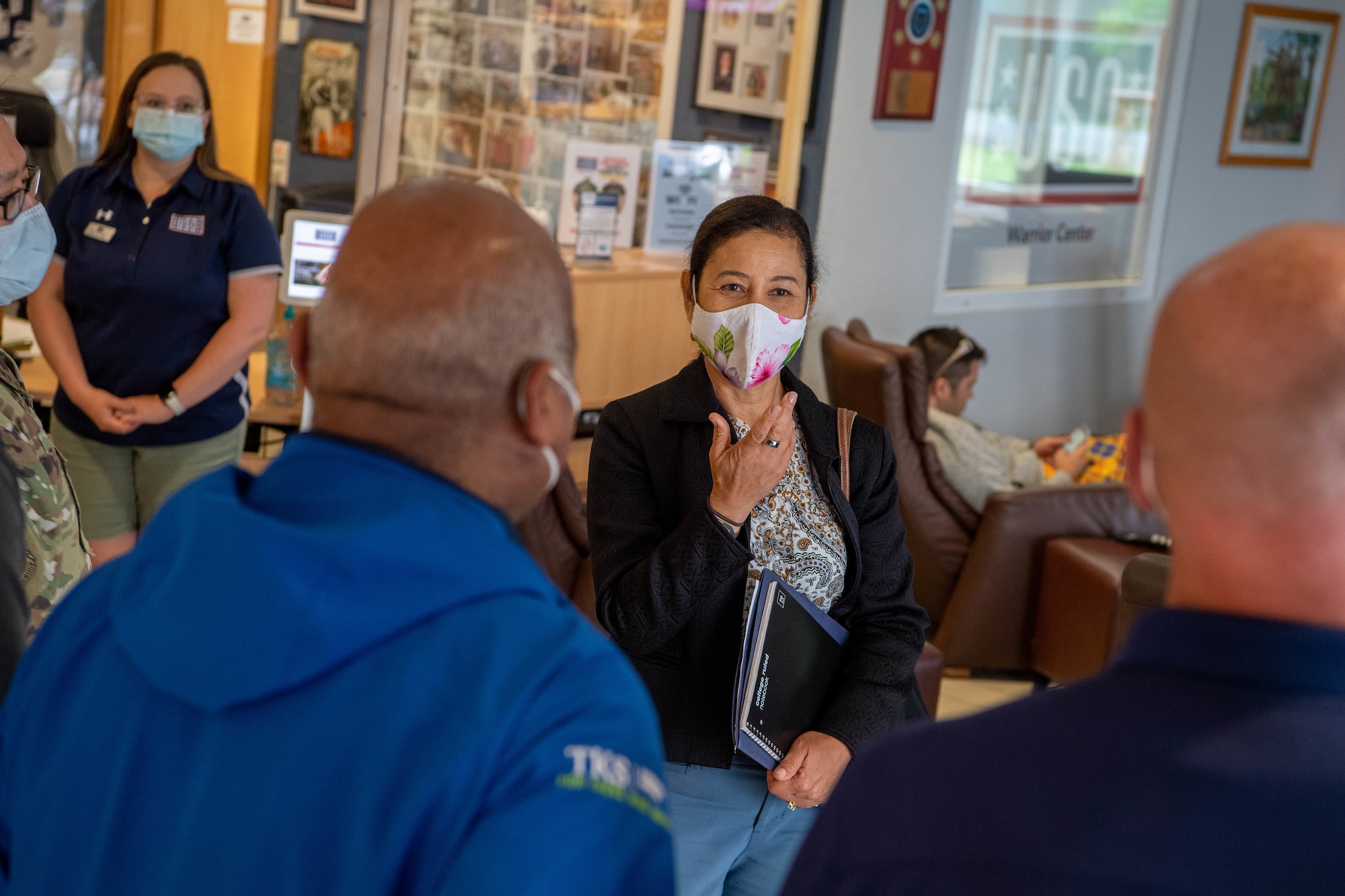 Mrs. Sharene Brown, spouse of Air Force Chief of Staff Gen. CQ Brown, Jr, is welcomed to the United Service Organizations Warrior Center at Landstuhl