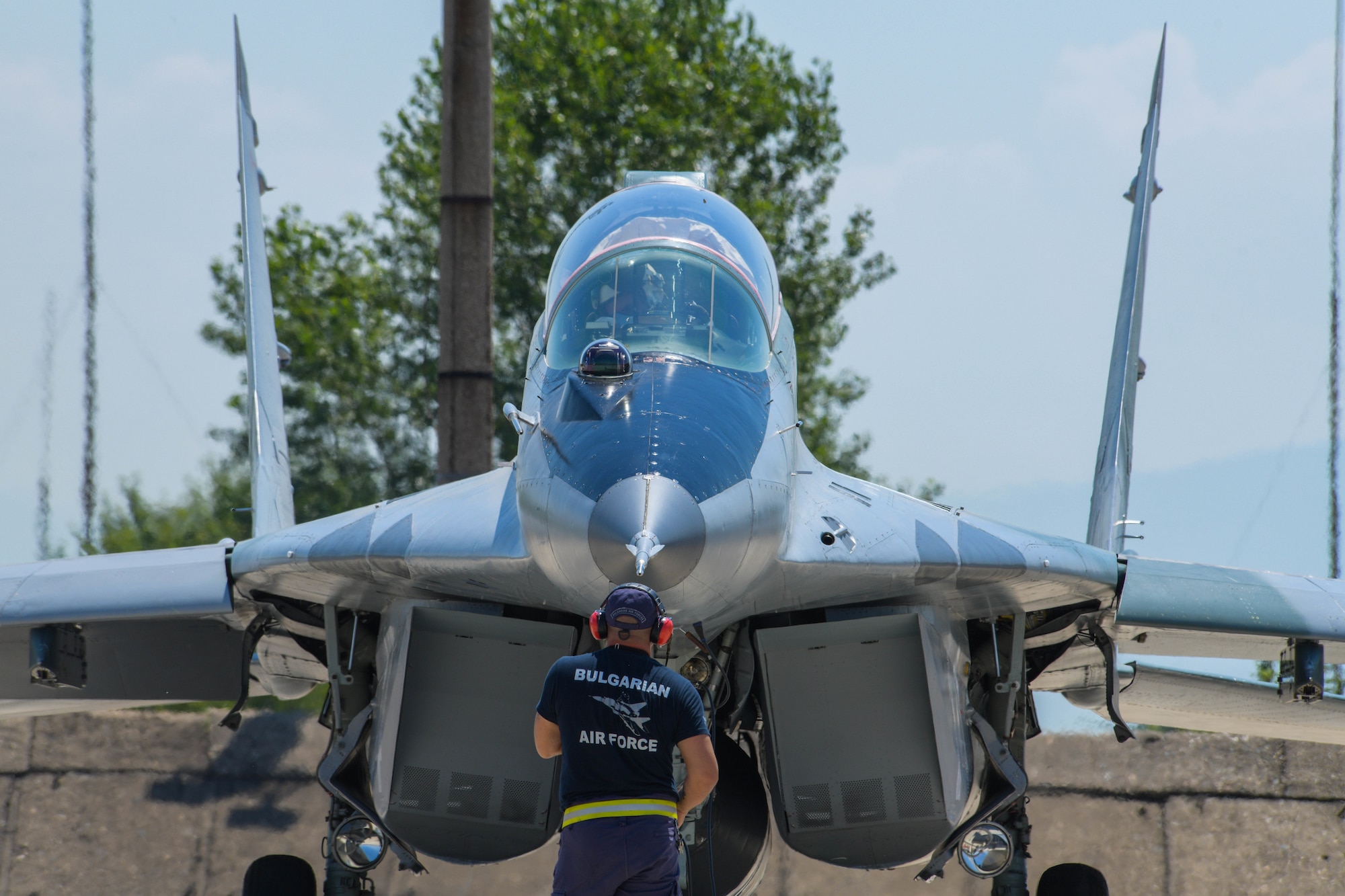 A Bulgarian air force MiG-29 prepares to taxi onto the flight line at Graf Ignatievo, Bulgaria, July 13, 2021. The Bulgarian air force has 80 aircraft and 6,500 active duty personnel. By 2027, Bulgaria seeks to have an active NATO interoperable multirole fighter squadron that participates in multinational fighter exercises. (U.S. Air Force photo by Airman 1st Class Brooke Moeder)
