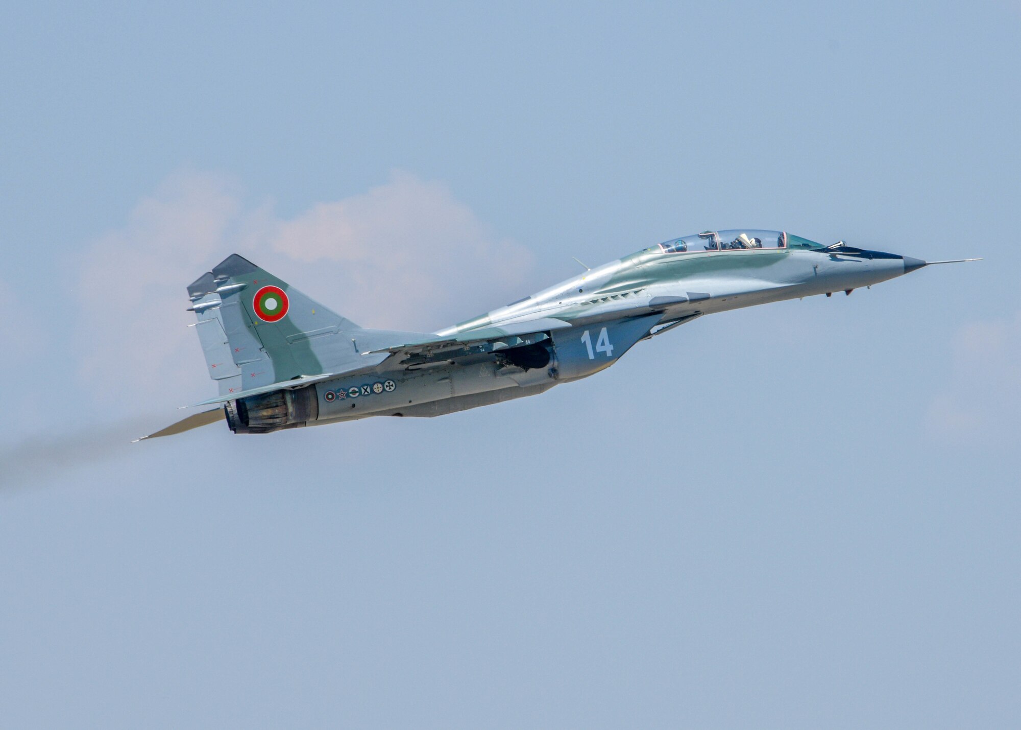 A Bulgarian air force MiG-29 prepares to taxi onto the flight line at Graf Ignatievo, Bulgaria, July 13, 2021. The Bulgarian air force has 80 aircraft and 6,500 active duty personnel. By 2027, Bulgaria seeks to have an active NATO interoperable multirole fighter squadron that participates in multinational fighter exercises. (U.S. Air Force photo by Airman 1st Class Brooke Moeder)