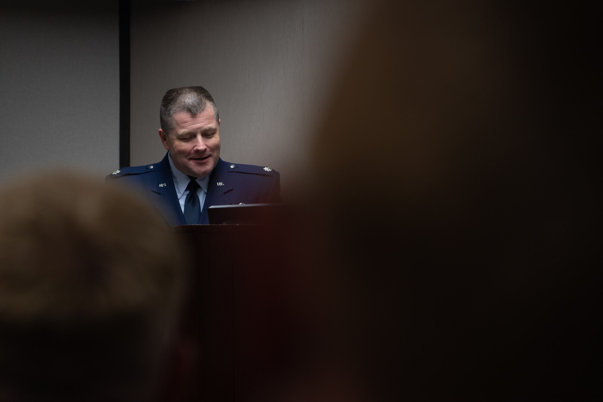 Lt. Col. Christopher Harris, 403rd Operations Support Squadron commander at Keesler Air Force Base, Miss., addresses his new squadron during a change of command ceremony June 6, 2021. Prior to serving as commander, Harris was the chief of Standardizations and Evaluations officer for the 53rd Weather Reconnaissance Squadron where he was over all evaluations for aircrew in the unit. (U.S. Air Force photo by Staff Sgt. Shelton Sherrill)