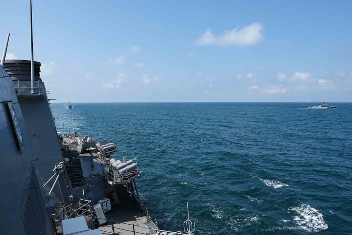 (July 14, 2021) The Arleigh Burke-class guided-missile destroyer USS Ross (DDG 71) moves in formation with ships participating the Bulgarian-led Exercise Breeze in the Black Sea, July 14, 2021. Ross, forward-deployed to Rota, Spain, is on patrol in the U.S. Sixth Fleet area of operations in support of regional allies and partners and U.S. national security interests in Europe and Africa. (U.S. Navy photo by Mass Communication Specialist 2nd Class Claire DuBois/Released)