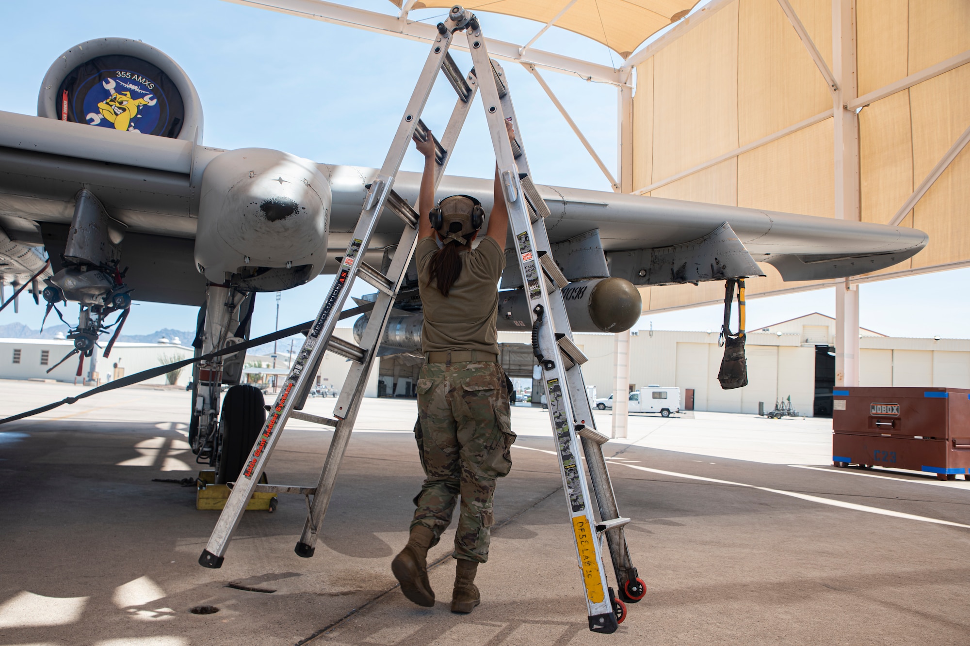 A photo of an airman carrying a ladder