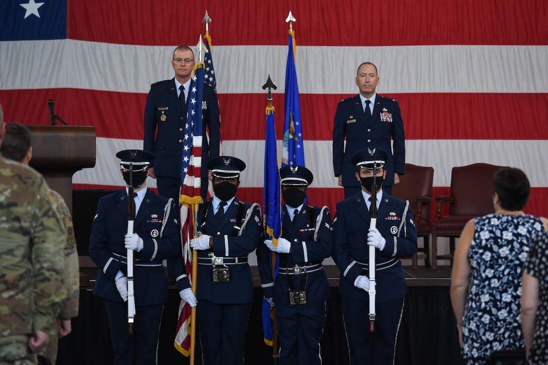 A photo of Airmen standing during the presentation of colors