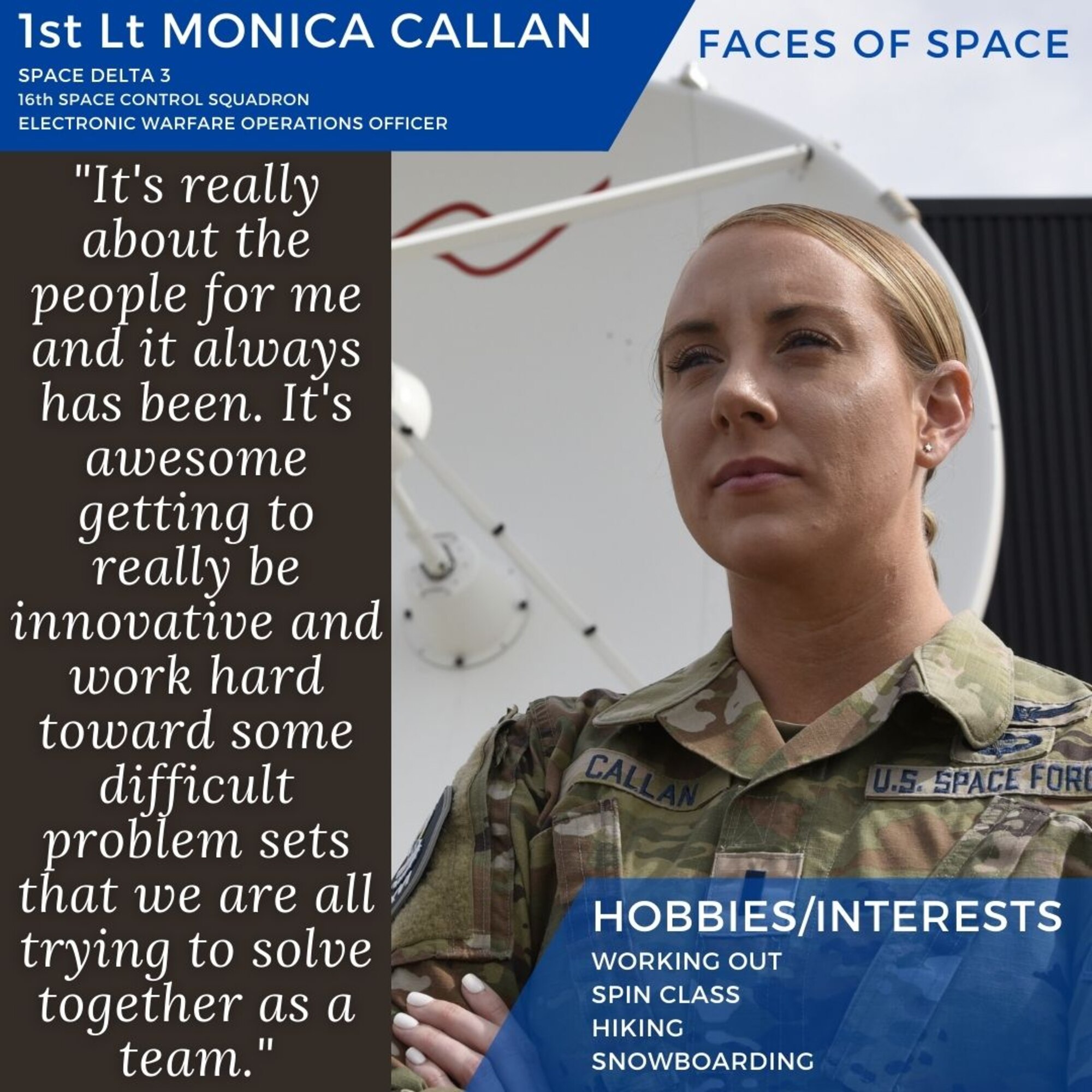 1st Lt. Monica Callan stands in front of a training satellite dish