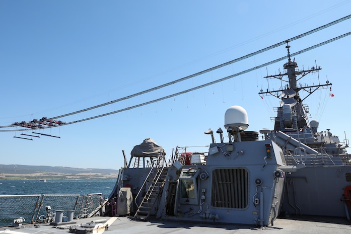 (July 16, 2021) The Arleigh Burke-class guided-missile destroyer USS Ross (DDG 71) transits to the Sea of Marmara, July 16, 2021. Ross, forward-deployed to Rota, Spain, is on patrol in the U.S. Sixth Fleet area of operations in support of regional allies and partners and U.S. national security interests in Europe and Africa.