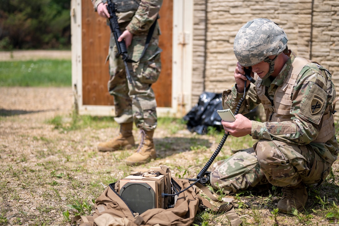 Pvt. James Pangle, a psychological operations specialist for the 16th Psychological Operations Battalion, 2nd Psychological Operations Group, U.S. Army Civil Affairs and Psychological Operations Command (Airborne), operates a next generation loudspeaker system during equipment familiarization July 16, 2021, at Fort McCoy, Wis. The NGLS is an audio system that is modular and easily moved from location to location.