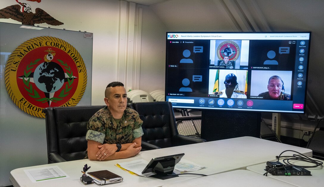 Lt. Col. Romeo P. Cubas, branch head of Africa reginal plans, facilitates the Naval Infantry Leaders Symposium- Africa (NILS-A) virtual conference with Maj. Gen. Tracy W. King and other maritime leaders at U.S. Army Garrison Panzer Kaserne, near Stuttgart, Germany, July 15, 2021.