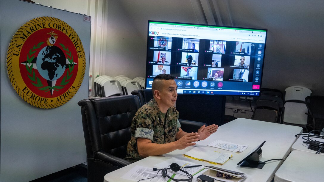 Lt. Col. Romeo P. Cubas, branch head of Africa reginal plans, facilitates the Naval Infantry Leaders Symposium- Africa (NILS-A) virtual conference with Maj. Gen. Tracy W. King and other maritime planners at U.S. Army Garrison Panzer Kaserne, near Stuttgart, Germany, July 15, 2021.