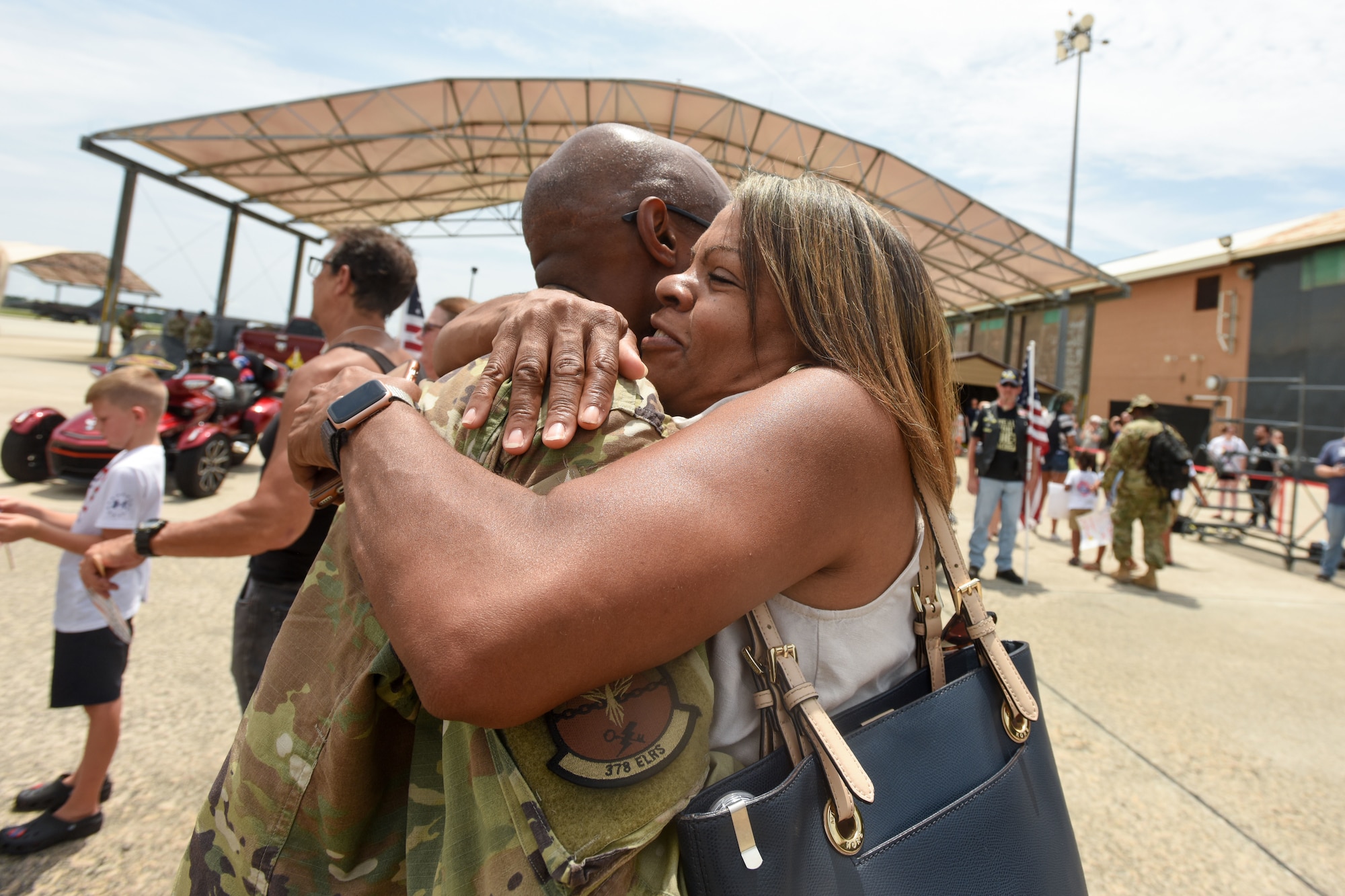 U.S. Air Force personnel recently deployed to Prince Sultan Air Base, Kingdom of Saudi Arabia, return home July 18, 2021 to the 169th Fighter Wing at McEntire Joint National Guard Base, South Carolina. "Swamp Fox" Airmen from the South Carolina Air National Guard’s 169th Fighter Wing were deployed to PSAB for the past three months to project combat power and help bolster defensive capabilities against potential threats in the region. (U.S. Air National Guard photo by Tech. Sgt. Megan Floyd, 169th Fighter Wing Public Affairs)