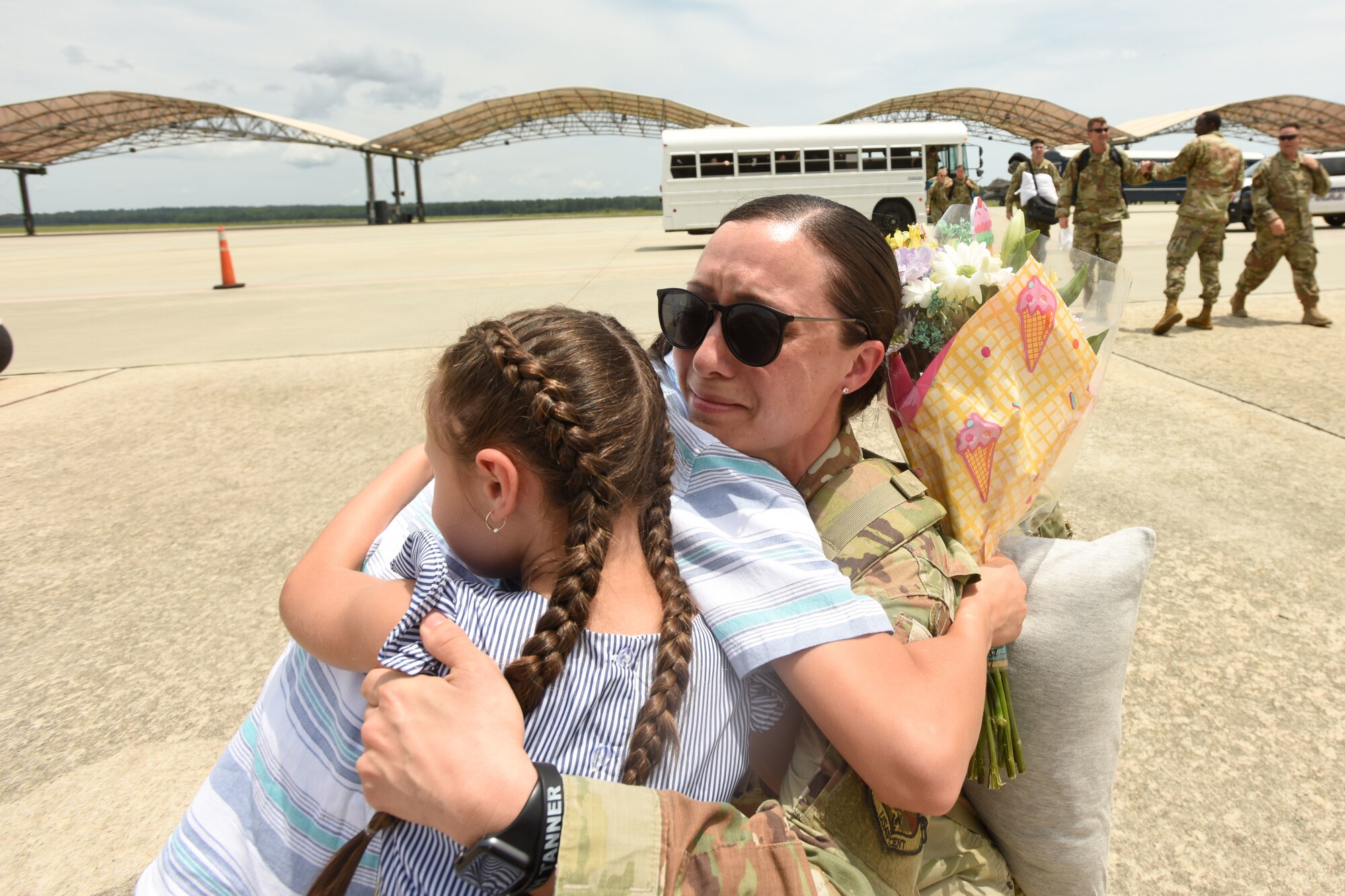 U.S. Air Force personnel recently deployed to Prince Sultan Air Base, Kingdom of Saudi Arabia, return home July 18, 2021 to the 169th Fighter Wing at McEntire Joint National Guard Base, South Carolina. "Swamp Fox" Airmen from the South Carolina Air National Guard’s 169th Fighter Wing were deployed to PSAB for the past three months to project combat power and help bolster defensive capabilities against potential threats in the region. (U.S. Air National Guard photo by Tech. Sgt. Megan Floyd, 169th Fighter Wing Public Affairs)