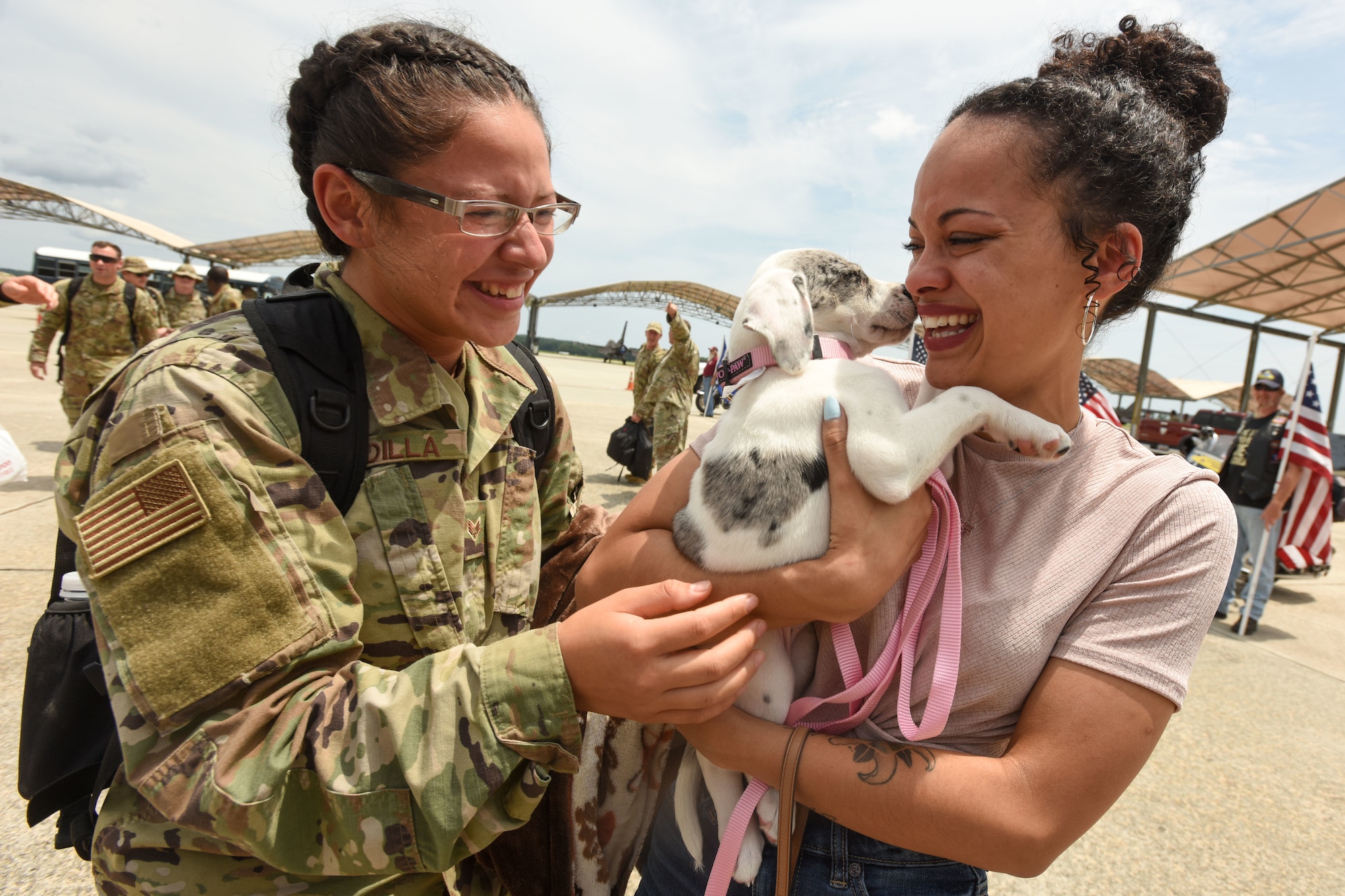 U.S. Air Force personnel recently deployed to Prince Sultan Air Base, Kingdom of Saudi Arabia, return home July 18, 2021 to the 169th Fighter Wing at McEntire Joint National Guard Base, South Carolina. "Swamp Fox" Airmen from the South Carolina Air National Guard’s 169th Fighter Wing were deployed to PSAB for the past three months to project combat power and help bolster defensive capabilities against potential threats in the region. (U.S. Air National Guard photo by Tech. Sgt. Megan Floyd, 169th Fighter Wing Public Affairs)