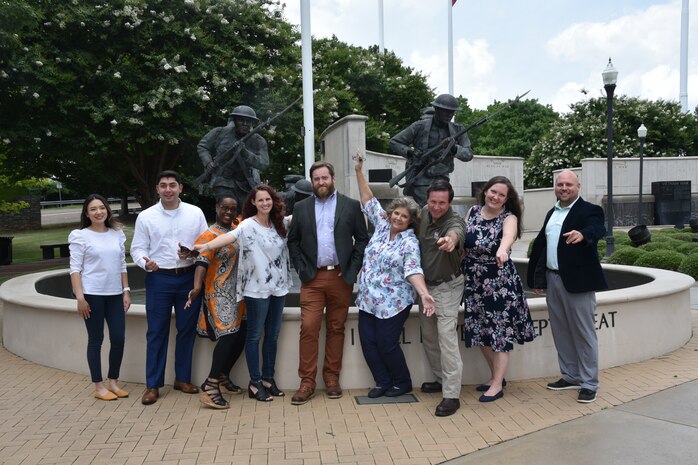 Members of Huntsville Center’s Resource Management Directorate’s Business Practices Division team pose for a photograph at the Huntsville Madison County Veterans Memorial. Members are Mary Hinson, Brian Tachias, Carolyn Harris, Amanda Odem, John Dodson, Angela Rackard, Russ Dunford, Susan Armstrong, James “Jimmy” Johnson. The team was recognized with the 2021 U.S. Army Corps of Engineers Innovation of the Year Award.