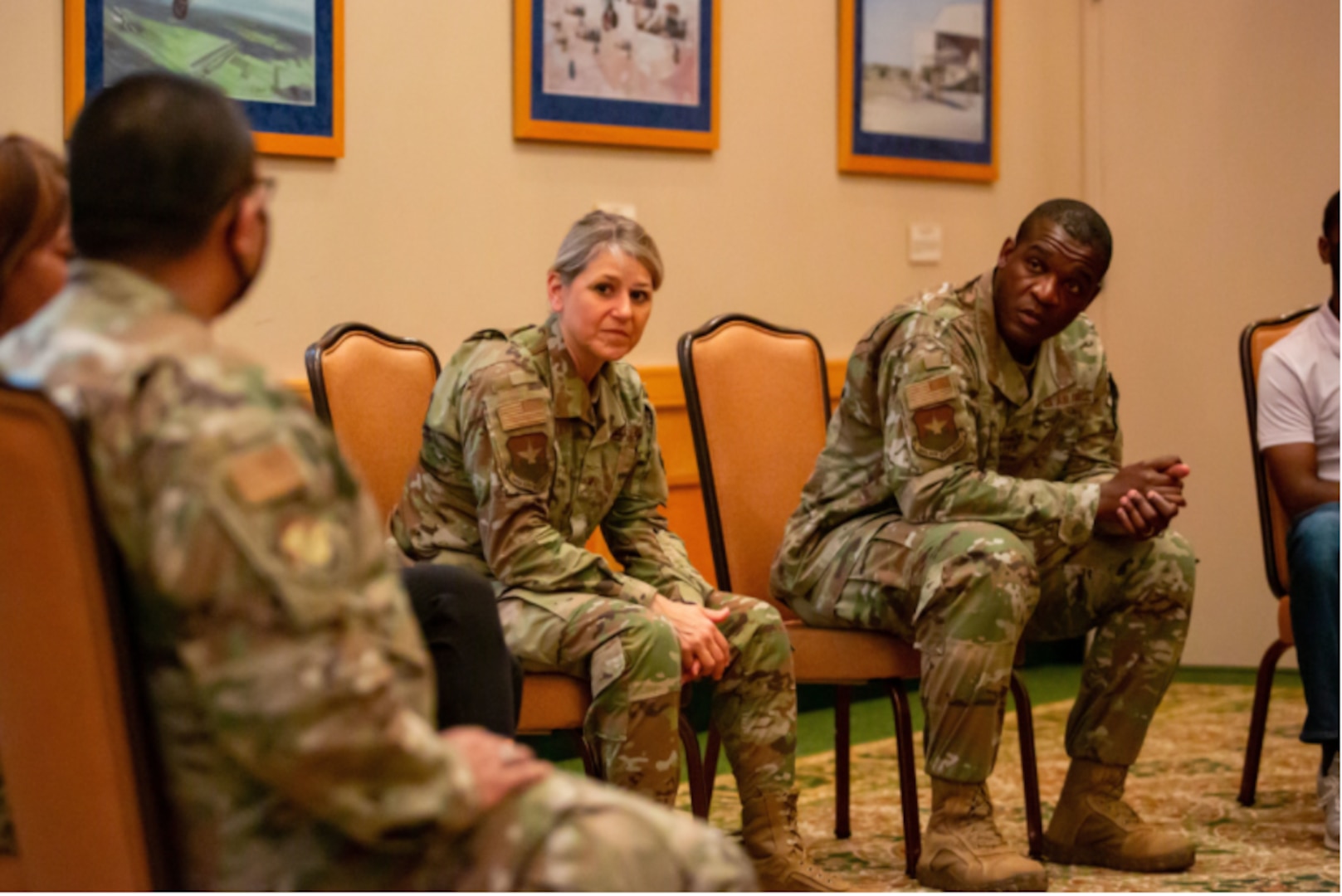 Brig. Gen. Caroline Miller, 502nd Air Base Wing and Joint Base San Antonio commander, along with Command Chief Master Sgt. Wendell Snider, host their “Tough Conversation” series, June 29, 2021 at Joint Base San Antonio- Lackland, Texas. This series fosters an open and candid dialogue between 502d ABW senior leaders, service members and civilians of all ranks and backgrounds. (U.S. Air Force photo by 2nd Lt. Robert H. Dabbs)